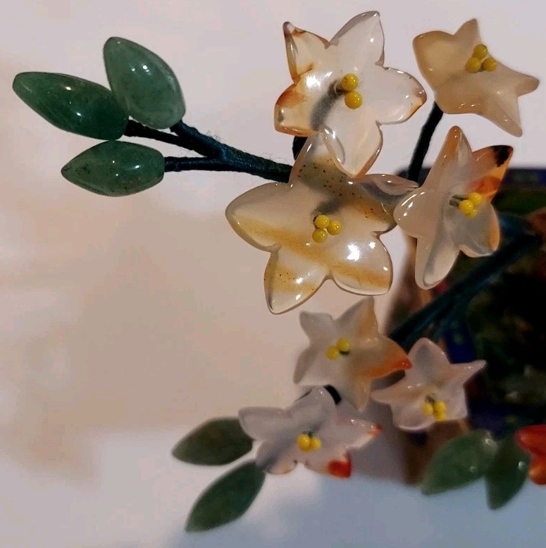 Vintage Carved Jade Tree Bonsai Flowers Cloisonne Planter Gemstones Carnelian
