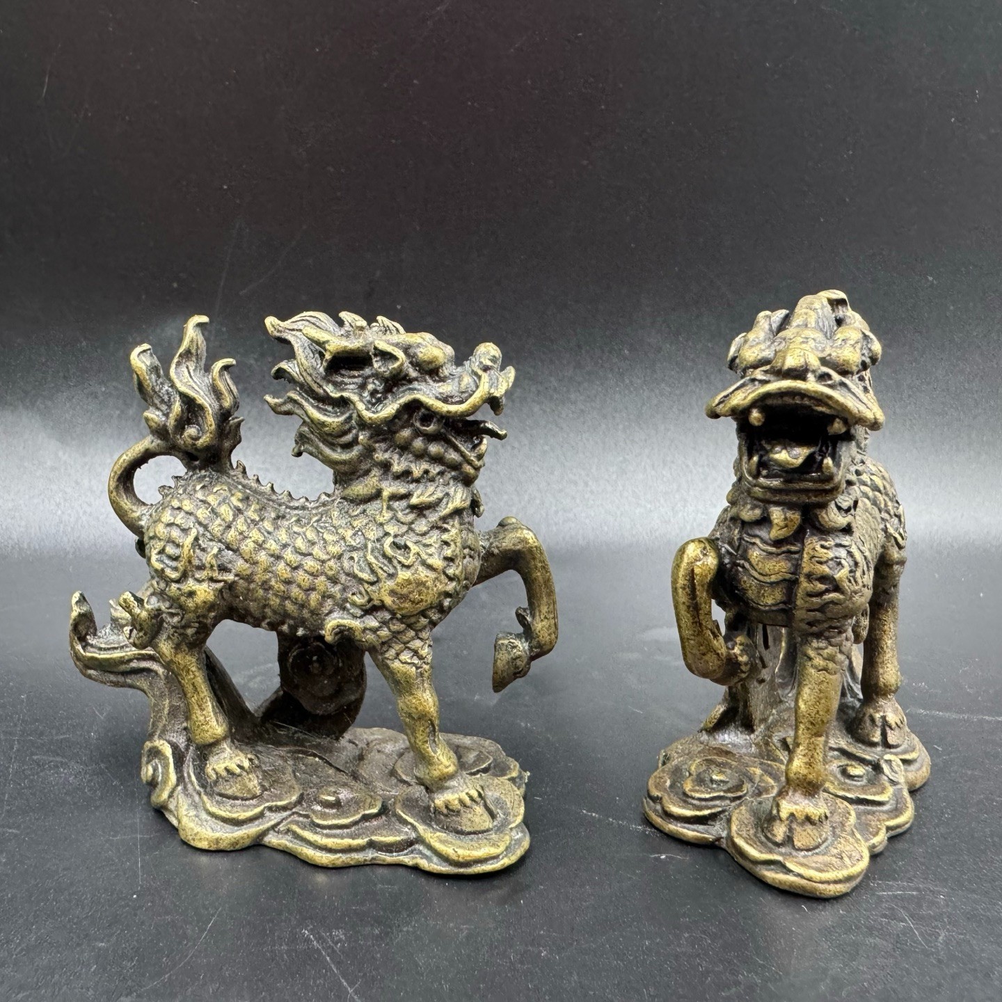 Vintage Brass Qilin Kirin Mini Statues Feng Shui Wealth Protection Desk Ornament