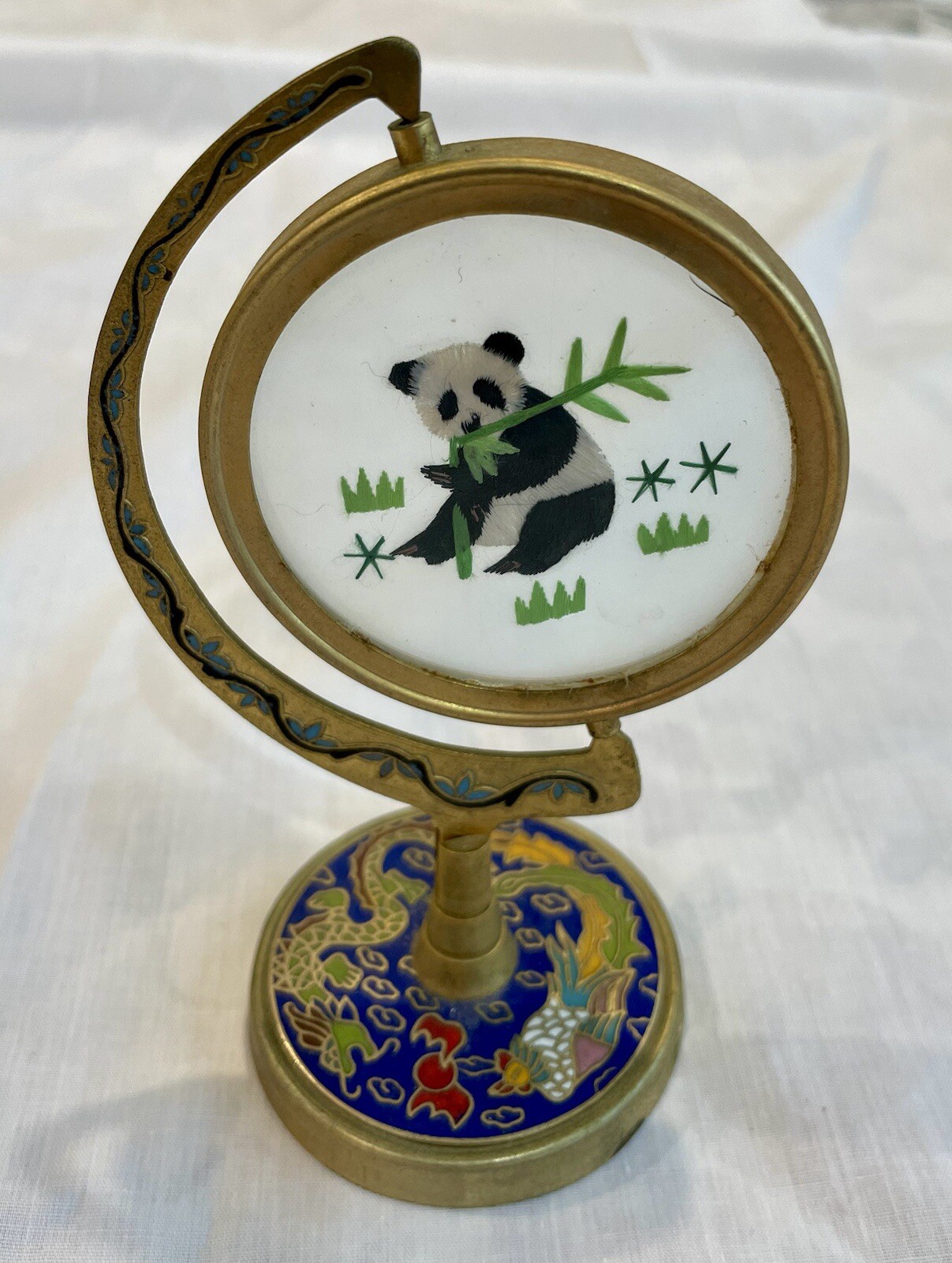 Vintage Suzhou Chinese Silk Embroidered Panda Cloisonné Enamel Metal Stand