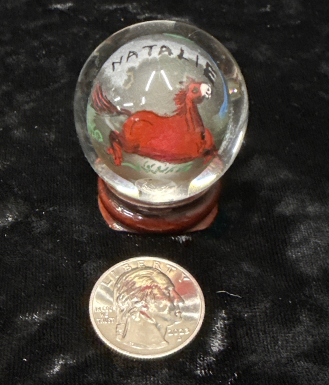 Chinese reverse painted Glass Ball Sphere Orb Horse w/Stand 1 3/4″ x 1 1/2″