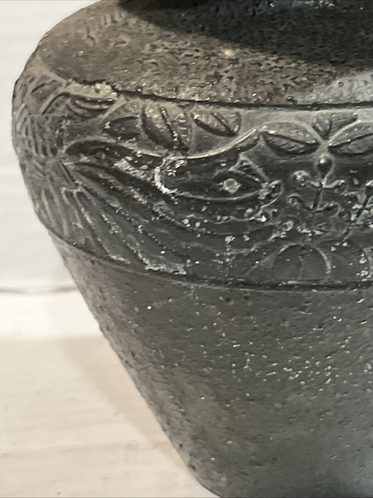Chinese Stone Cast Vase Metal Decorated Design Iron? Asian Flowers Motif