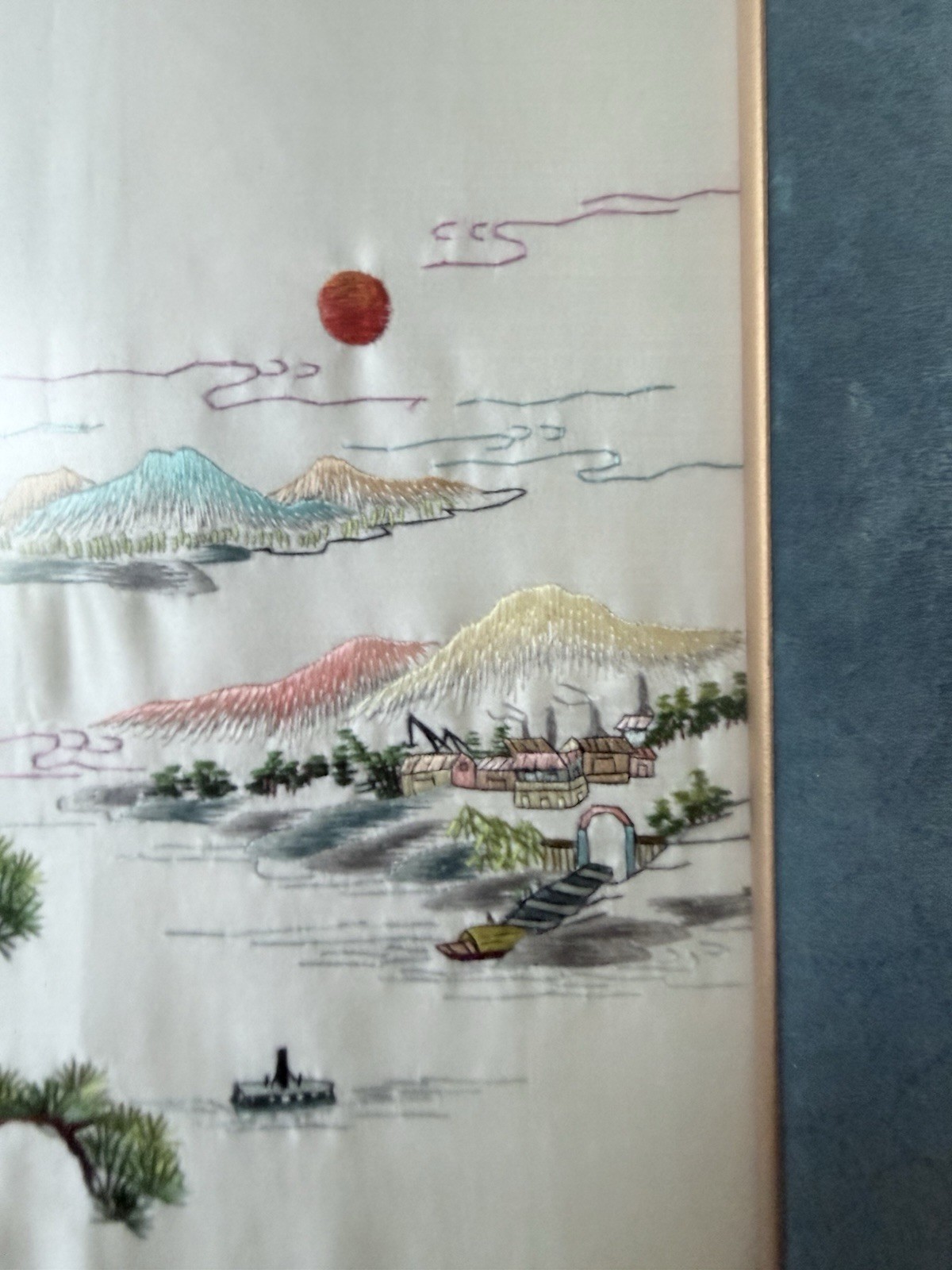 VINTAGE Chinese Landscape Fine Silk Embroidery Scenic Artwork Framed 22 x 16.5″
