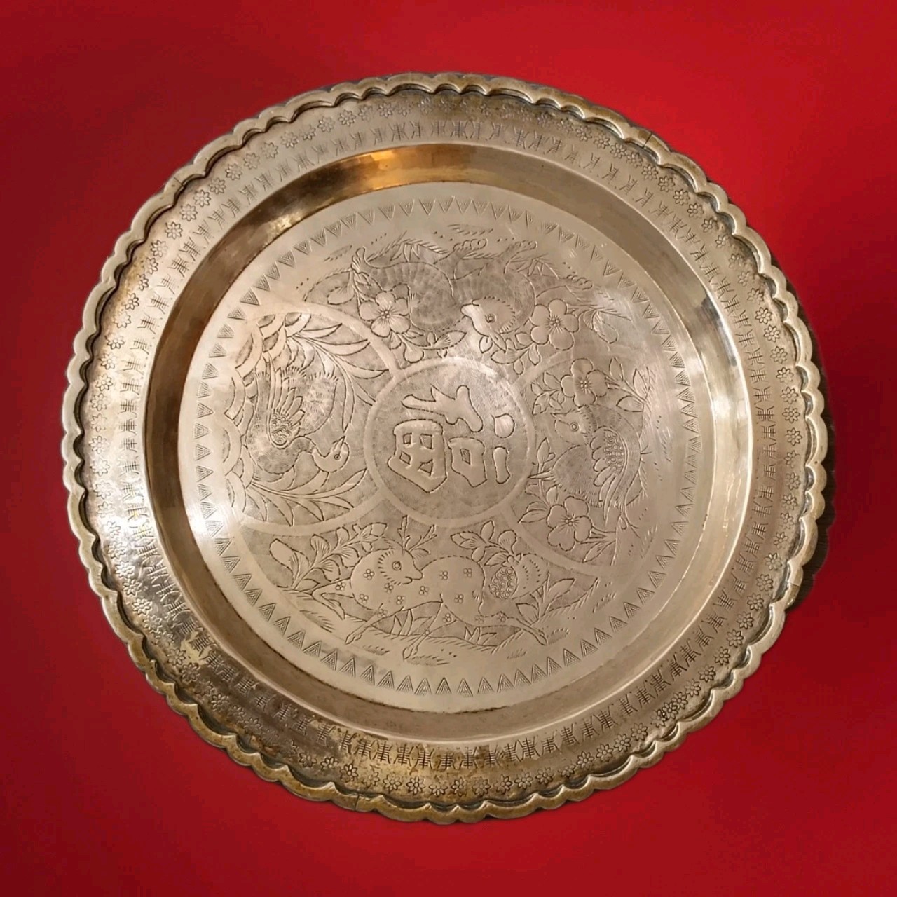 Vintage Brass Tray 17″ Hand Engraved Brass Platter Hong Kong
