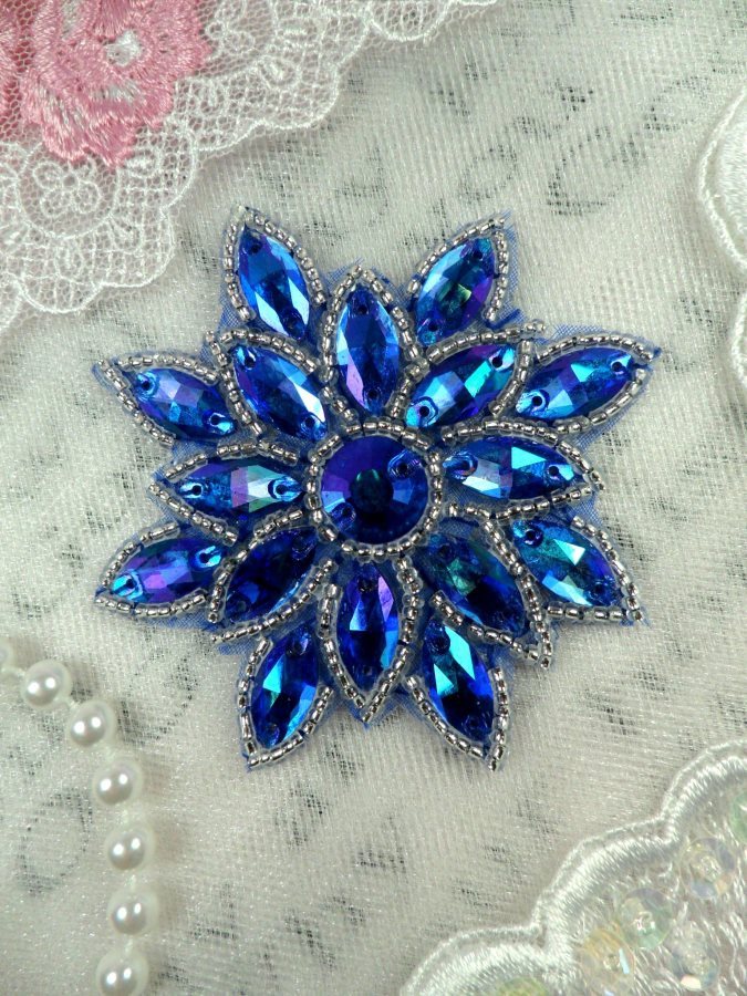 Glass Snowflake Applique Aurora Borealis Saphire Blue Silver Beaded (N19-saab)