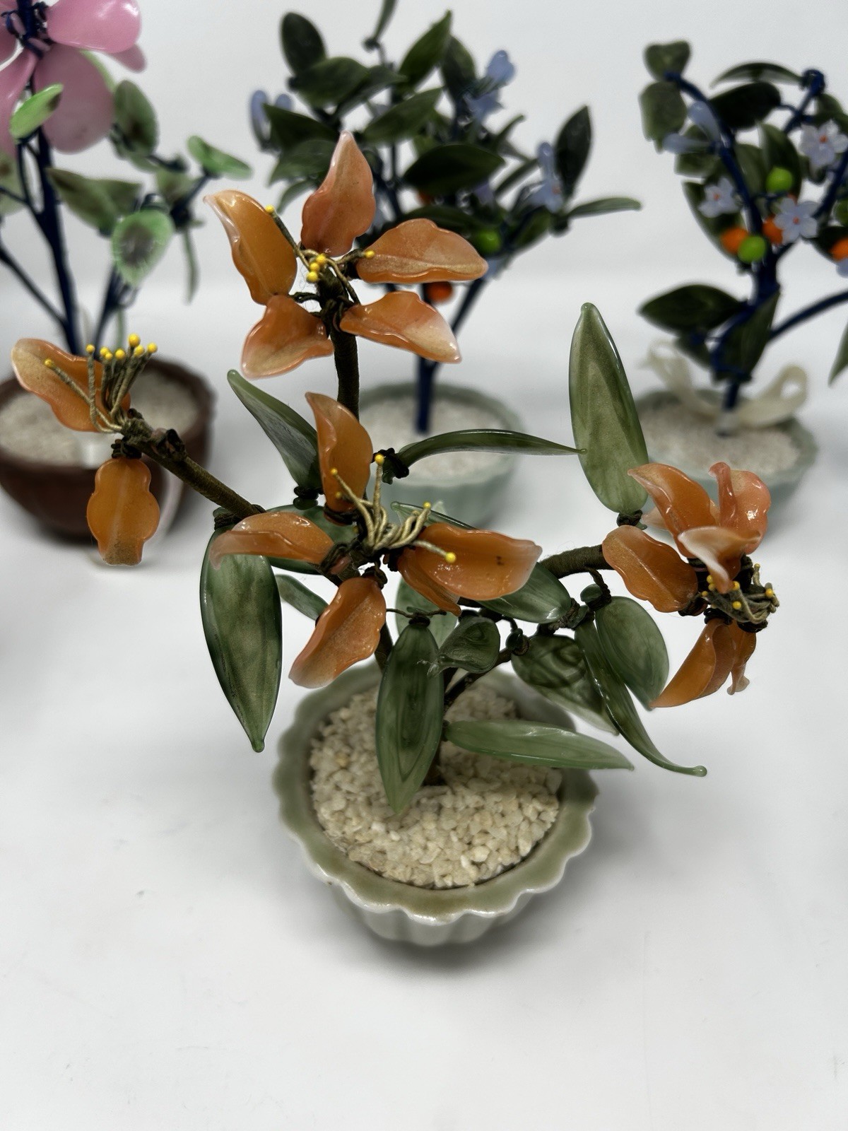 Vintage Chinese Jade Glass Bonsai Tree Lot of 7 Pink Quartz Flowers Pots⁠