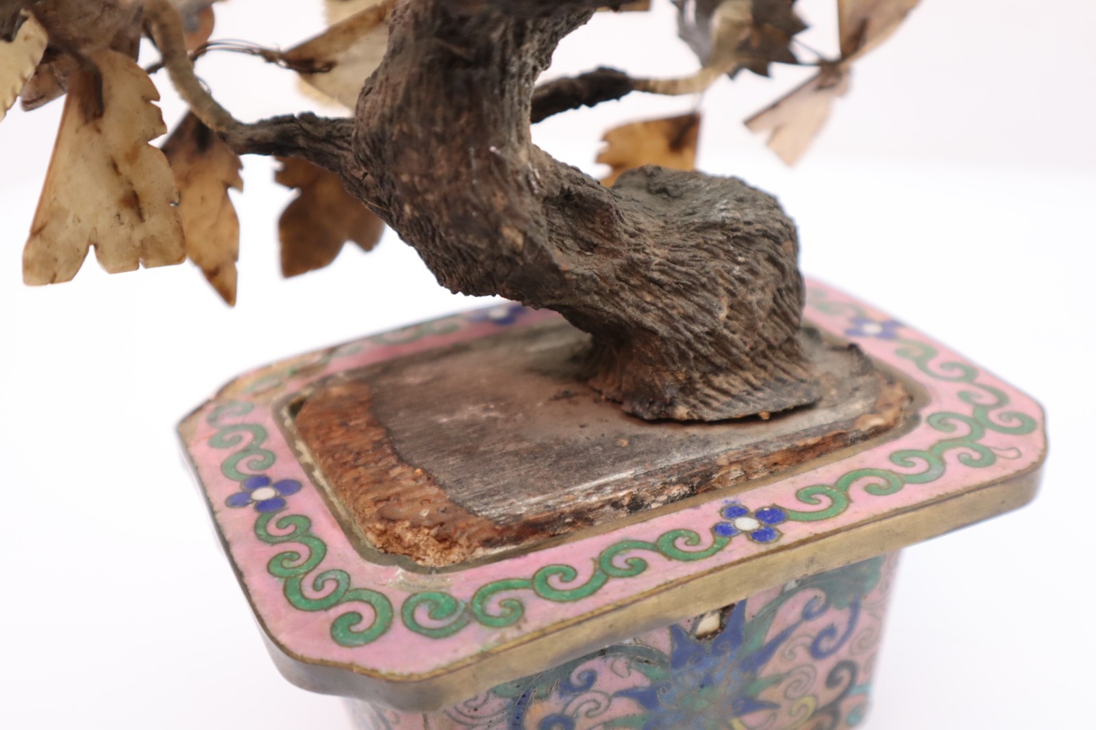 Vintage Cloisonné Potted Jade & Gemstone Flower Tree Decor LARGE 13.5″ Tall