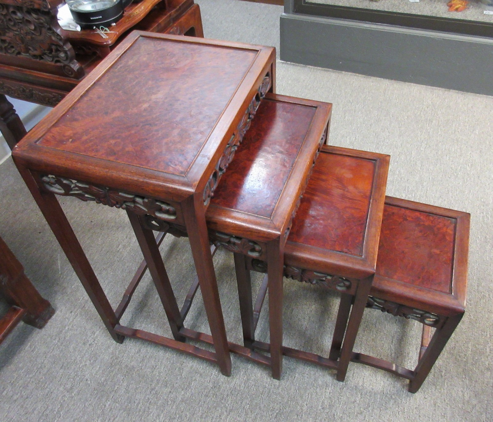 Chinese solid wood carved openwork four-piece flower stand set