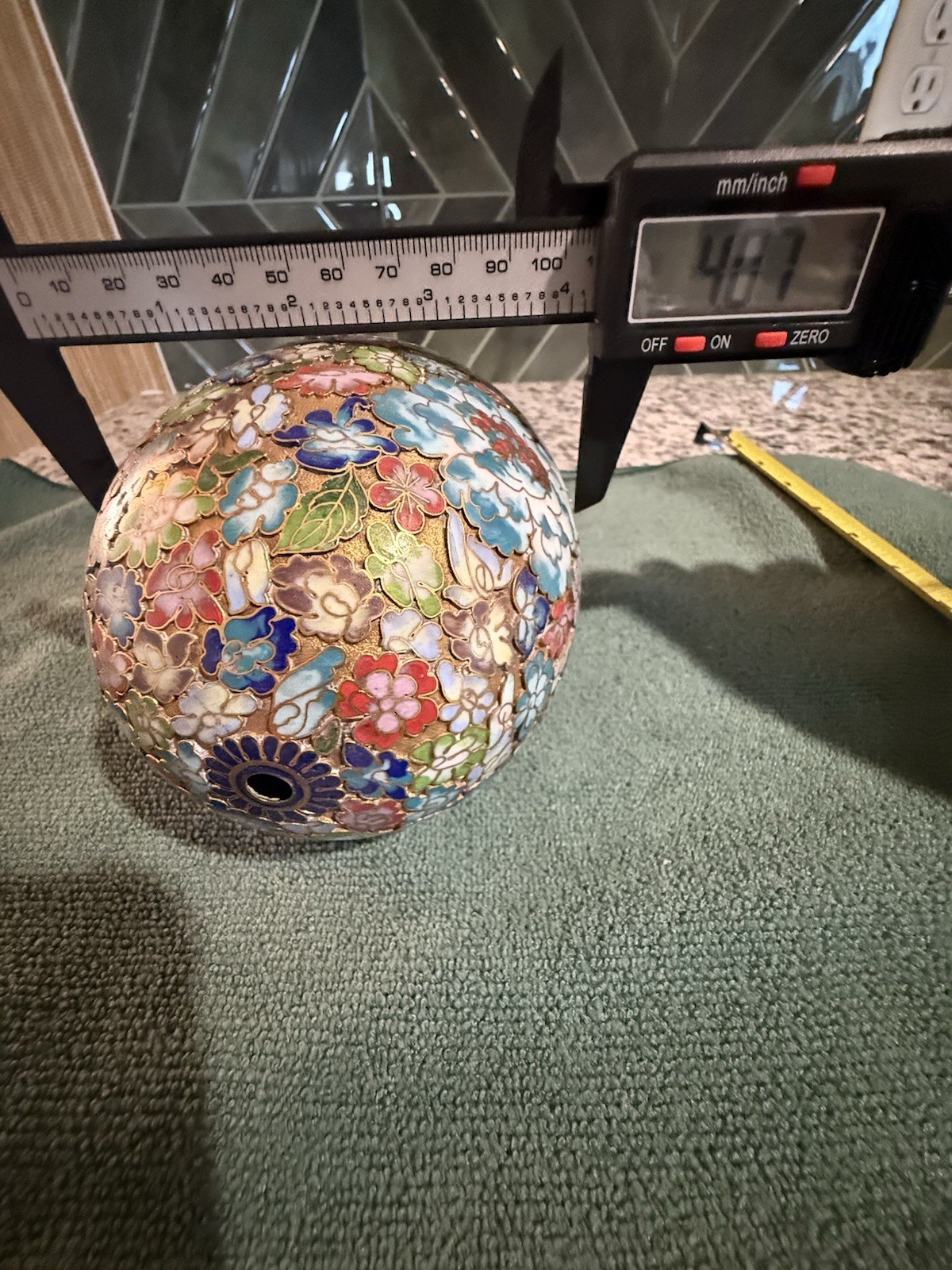 Vintage Chinese Cloisonné Large Gilded Egg w/ Wood Stand Floral, Millefleurs