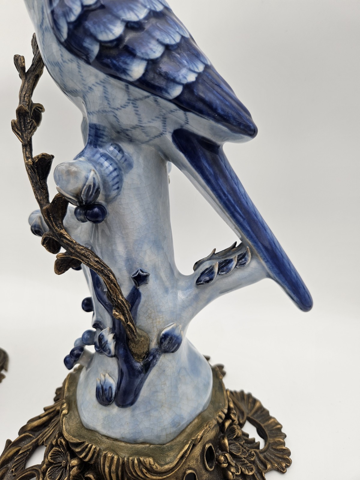 Antique Chinese Bird HOLLYWOOD REGENCY Blue Birds Brass Candle Holders 14″