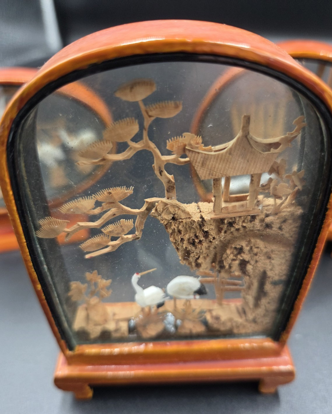Vintage Asian Carved Cork Diorama Art In Wood/Glass Shadow Boxes 5 pieces
