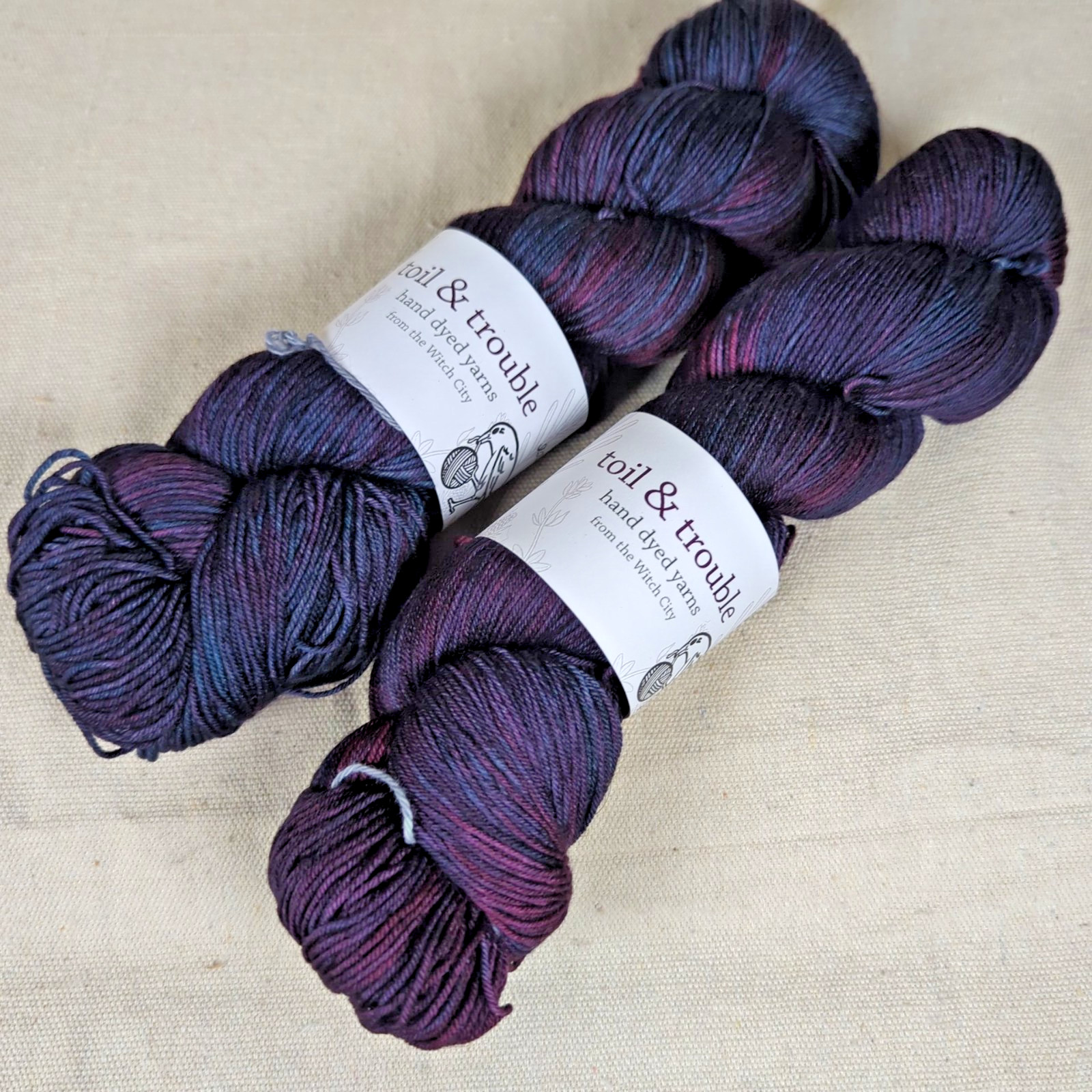 Toil & Trouble Hand Dyed Yarn Lot 2 Merino Nylon Navy Purple Sock 3.9oz / 463yds