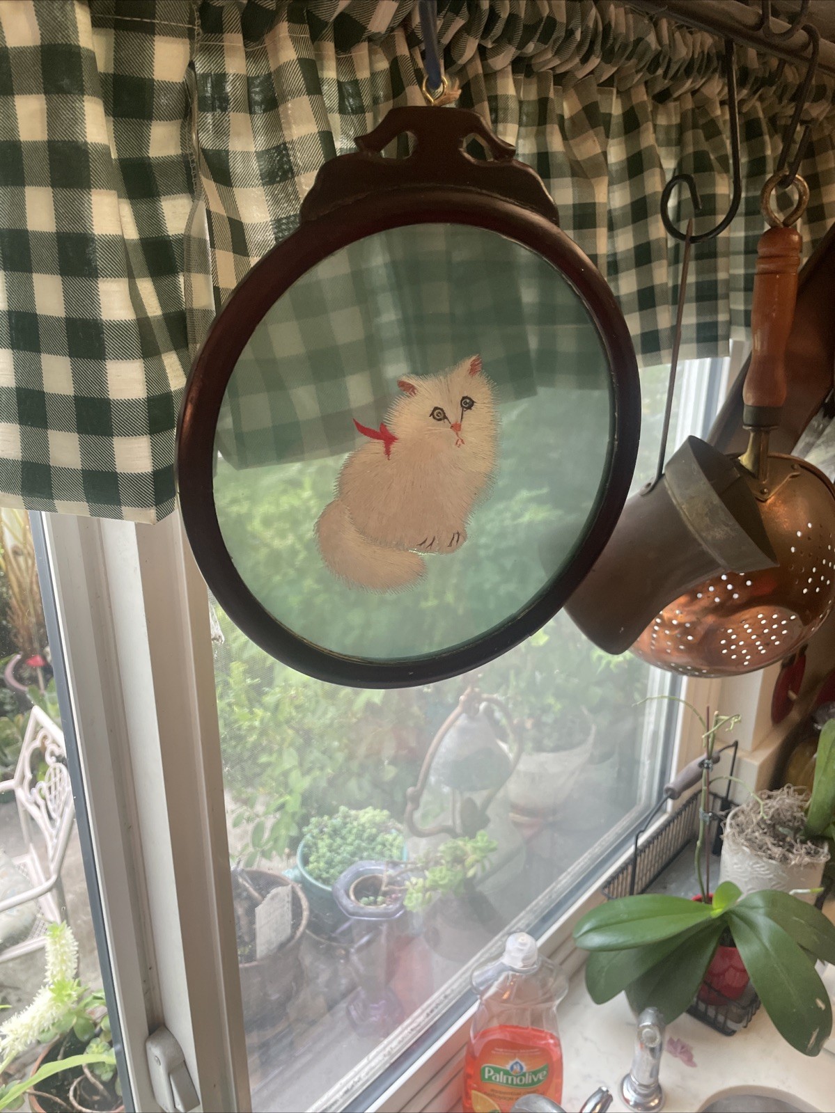 Vintage Chinese Embroidery on Silk 2 Identical Sides Su Cat Art Wood Hanging