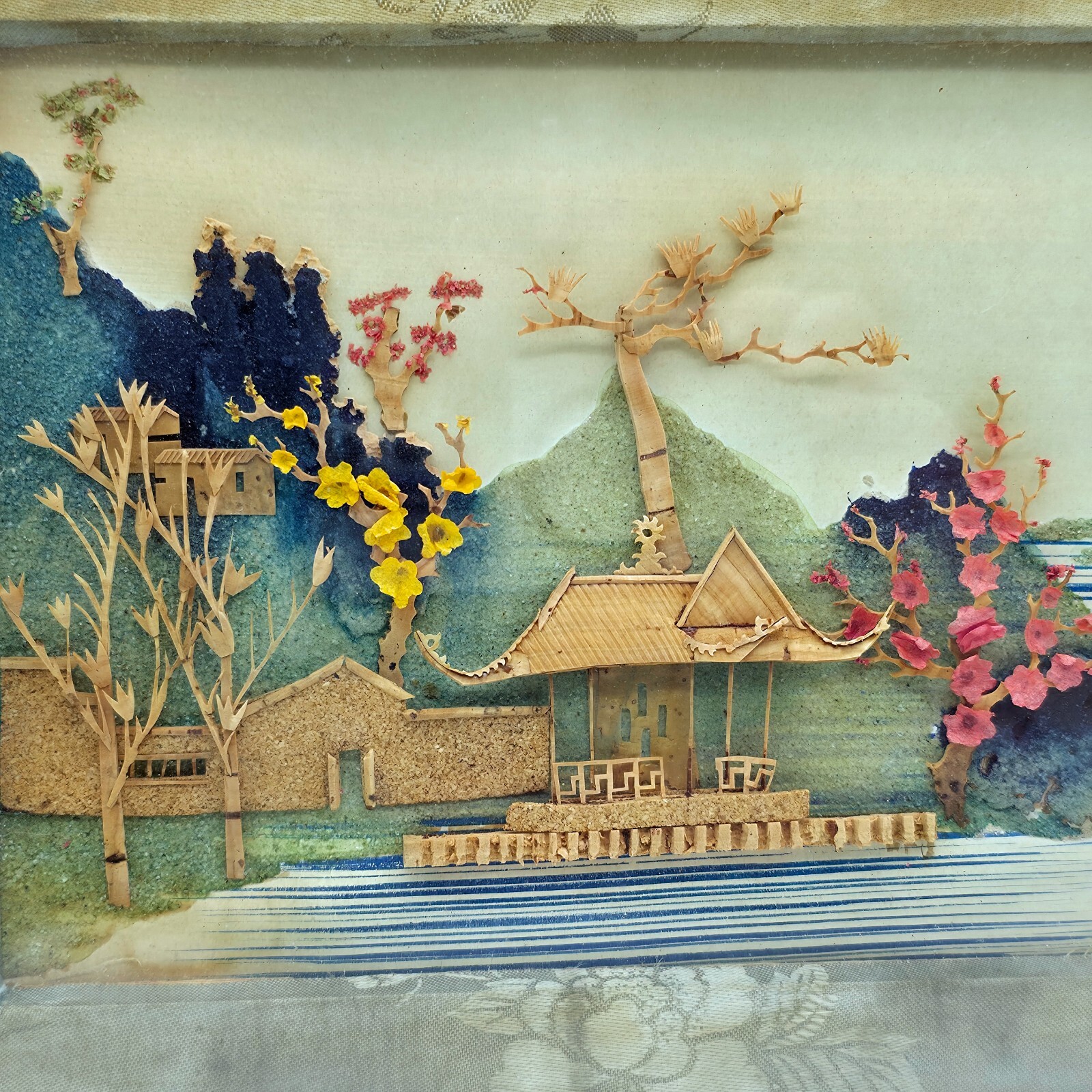 Chinese Intricate Scenery Sculpted Cork Diorama in Shadow Box Frame Watercolor