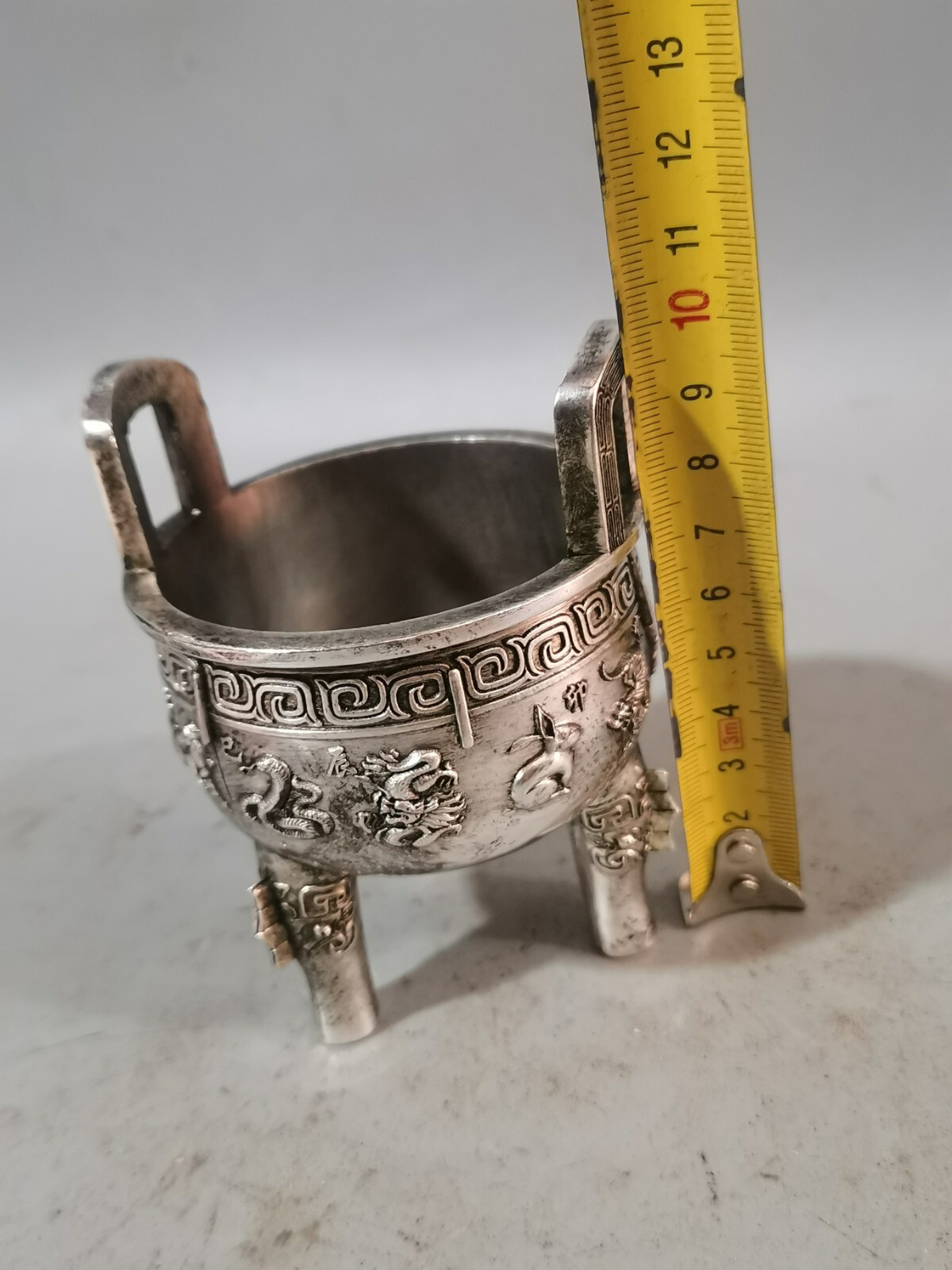 4″ tibet silver copper carved 12 Zodiac animals Three legs ding Incense Burner