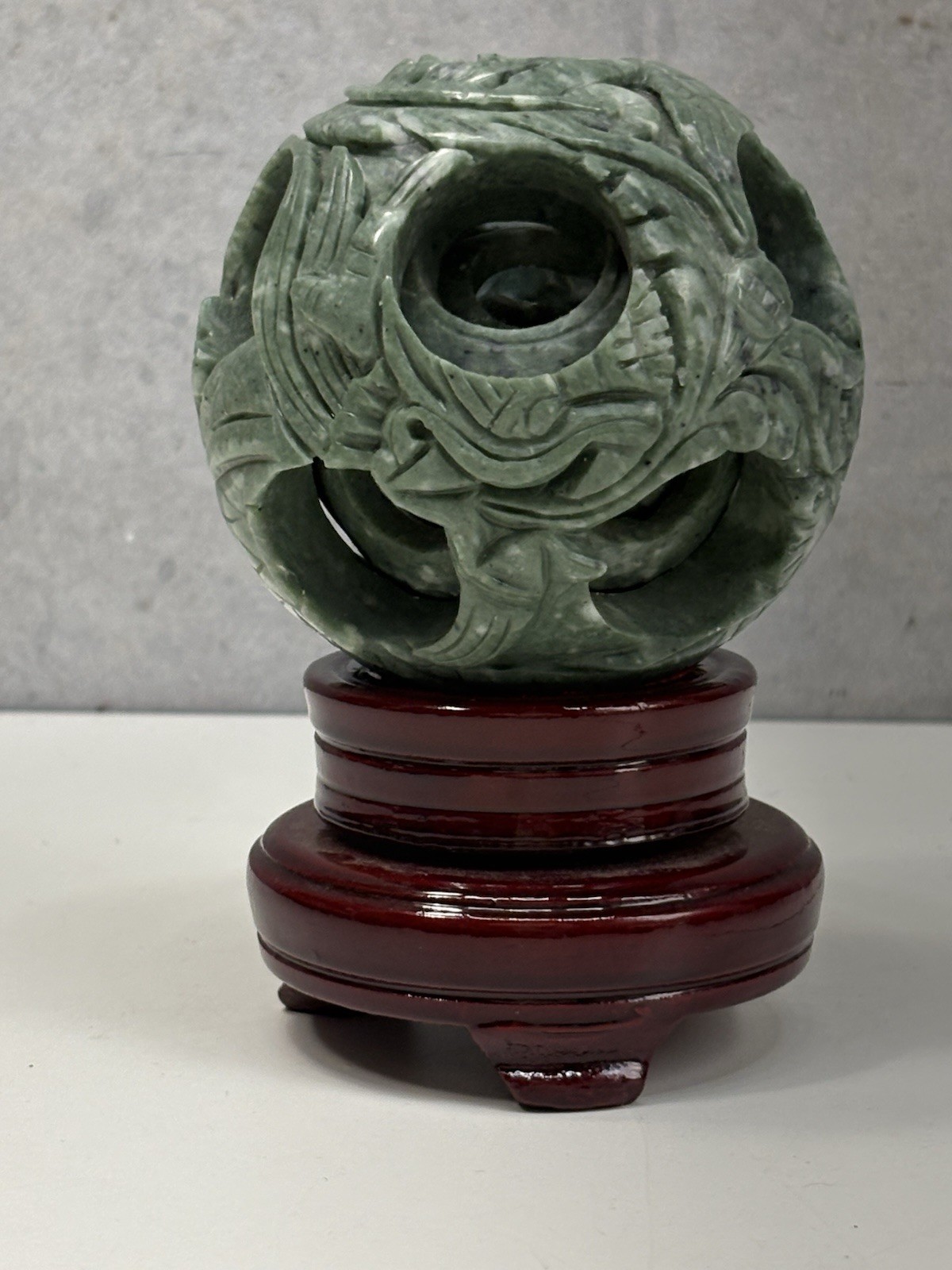 Chinese Carved Green Stone Puzzle Ball Dragon Concentric Sphere Wood Stand