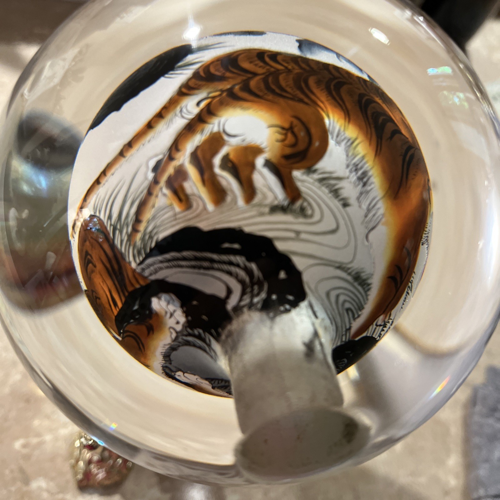 Chinese Glass Globe Five Tigers Inside Painted Reverse Art Lg 4.5in On Gold Base