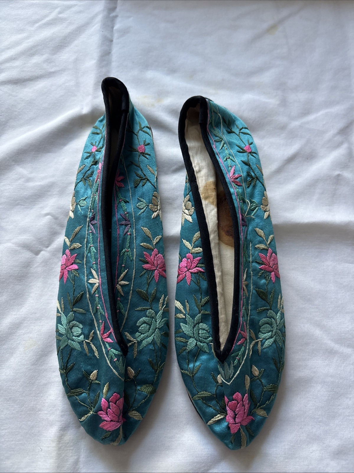 Antique Asian Silk Embroidered Shoes Small Size, Narrow. Very Colorful