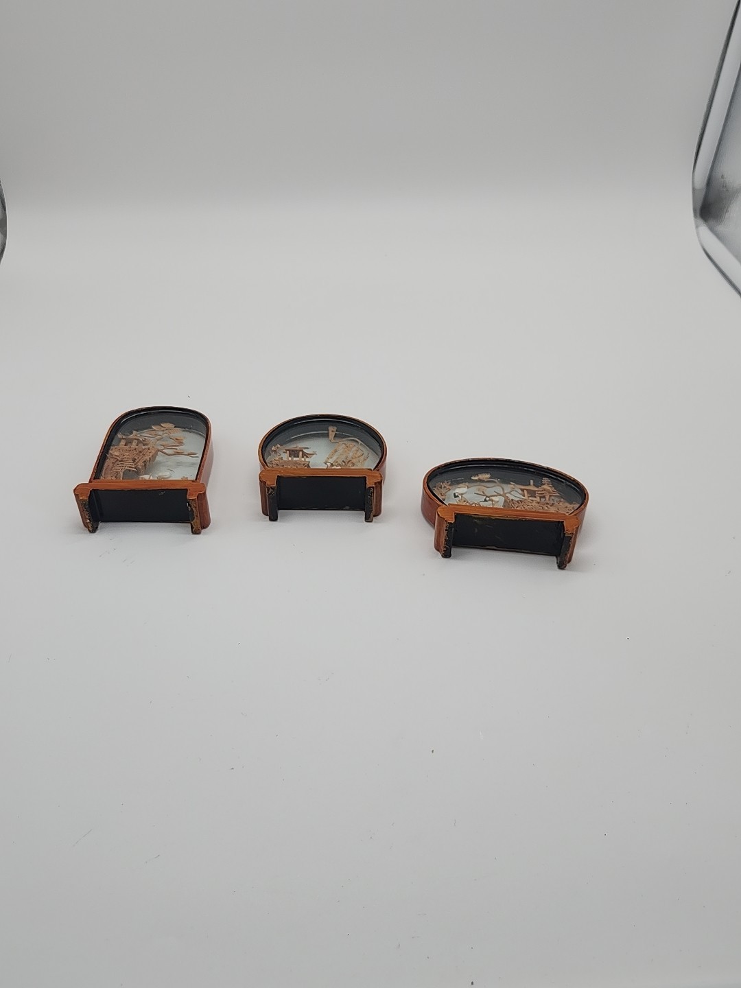 3 VTG Chinese Oriental Asian CORK Carving DIORAMA Art 3D Cranes Shadow Box Panda