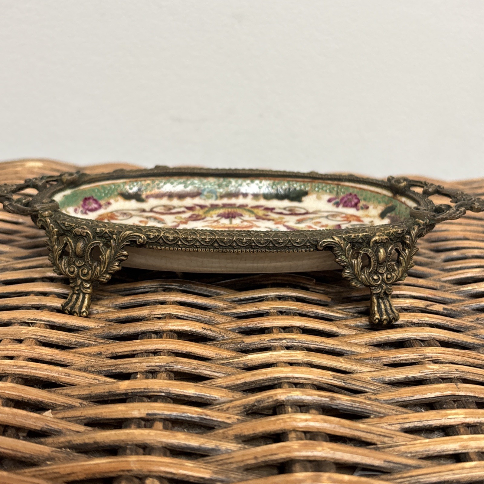 Vintage Hua Ping / Rong Tang Zhi Porcelain Brass Footed Soap or Trinket Dish