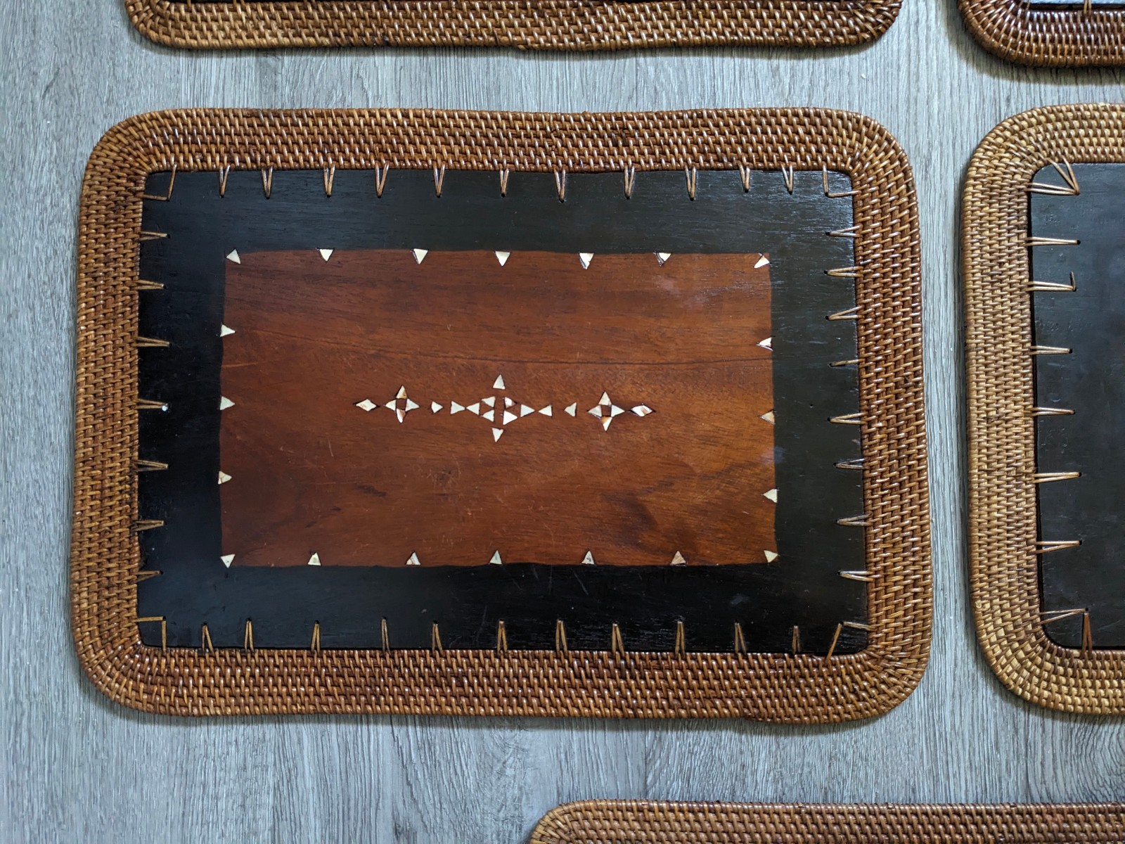 Vintage Mid Century Rattan Wood Placemats Shell Inlay Chinese Coin Boho Set of 8