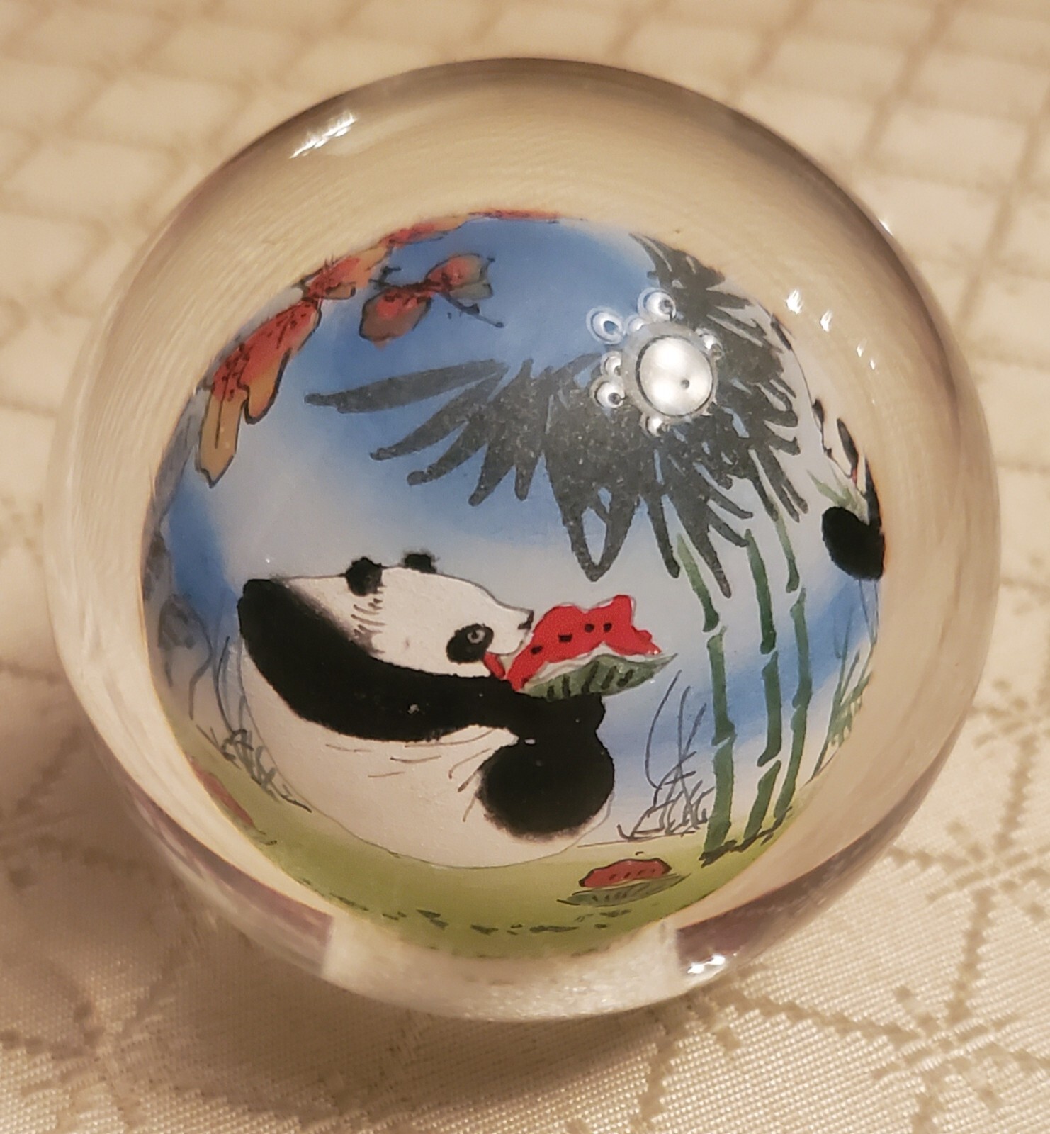 Chinese Glass Ball Sphere Paperweight Reverse Hand Painted Pandas Eat Watermelon