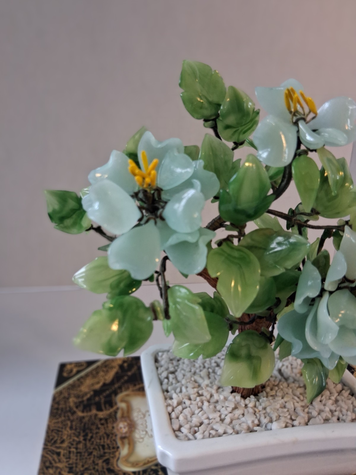 Vtg 1980’s Aqua Blue Peking Glass Blossomed & Jade-Stone Leaf Bonsai Tree; EUC!