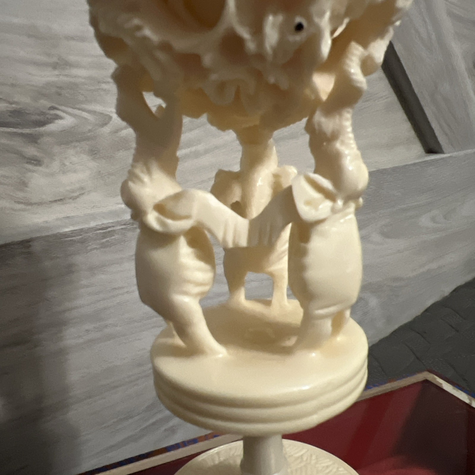 Antique Chinese Dragon & Elephant Puzzle Ball Ivory Color in original box 7”
