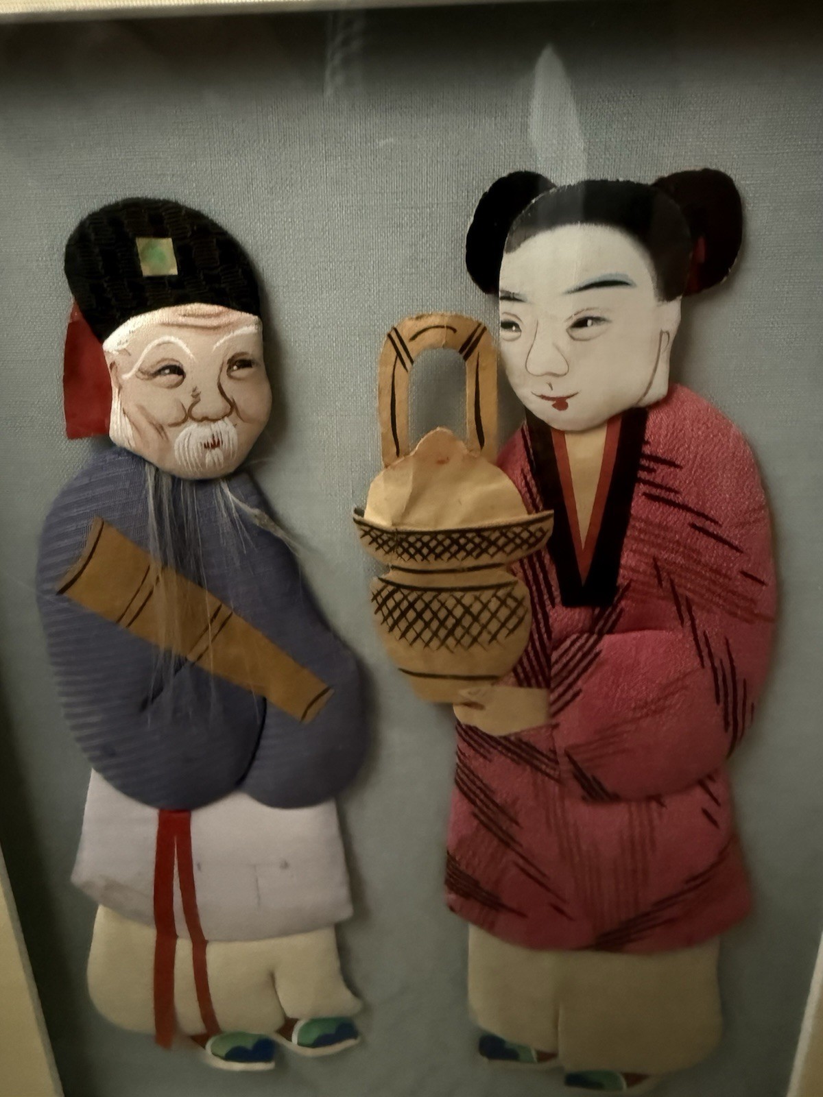 Vintage Chinese Silk Relief 3-D Figures – Framed 16”x 19” Hand-painted Immortals