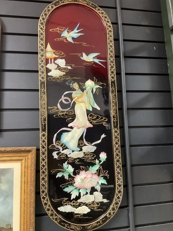 Vintage Chinese Lacquer Wall Panel – Mother‑of‑Pearl Inlay – 12×36 in