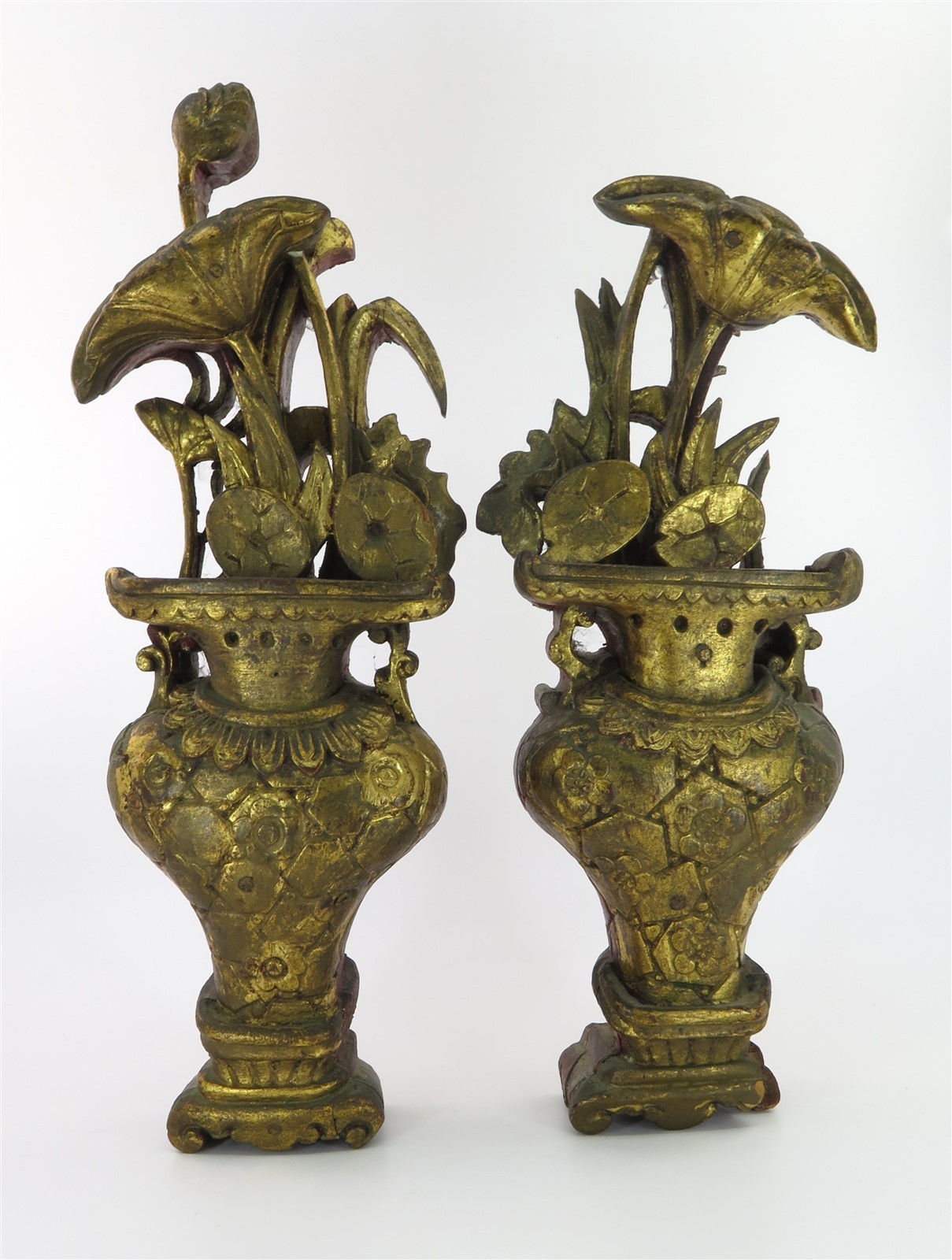 2 Vintage Carved Wood Gilt & Red Chinese Decorative Wall Sculptures 13″ T x 4.5″