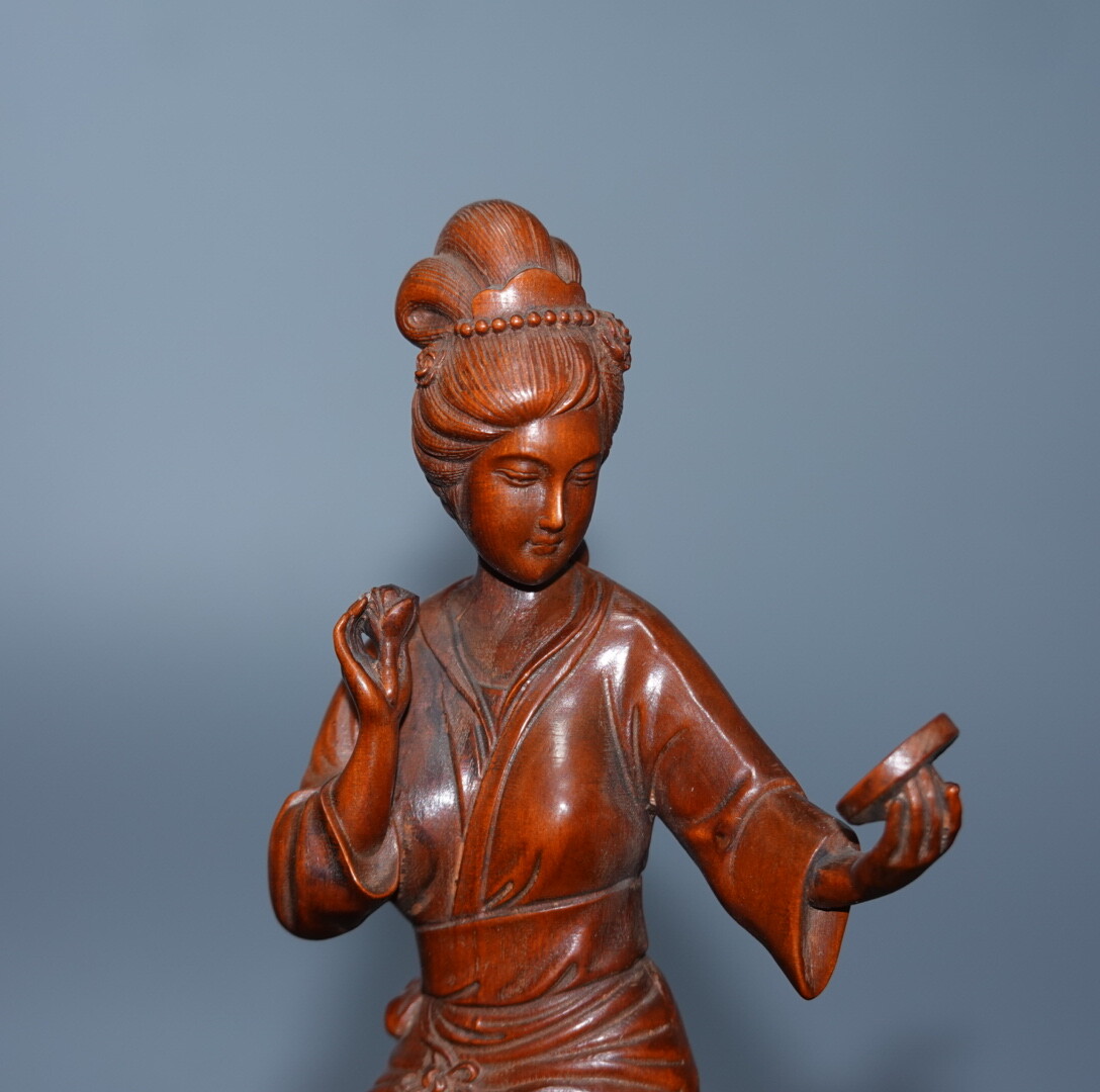 6.3″ Collect China Boxwood Carving Beauty Beautiful Woman Looking Mirror Statue