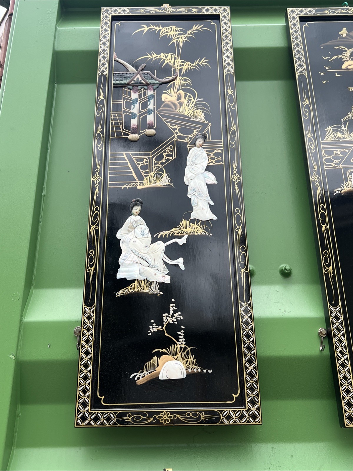 Chinese hanging screen inlaid with mother-of-pearl figures and stories 36”HX12”W