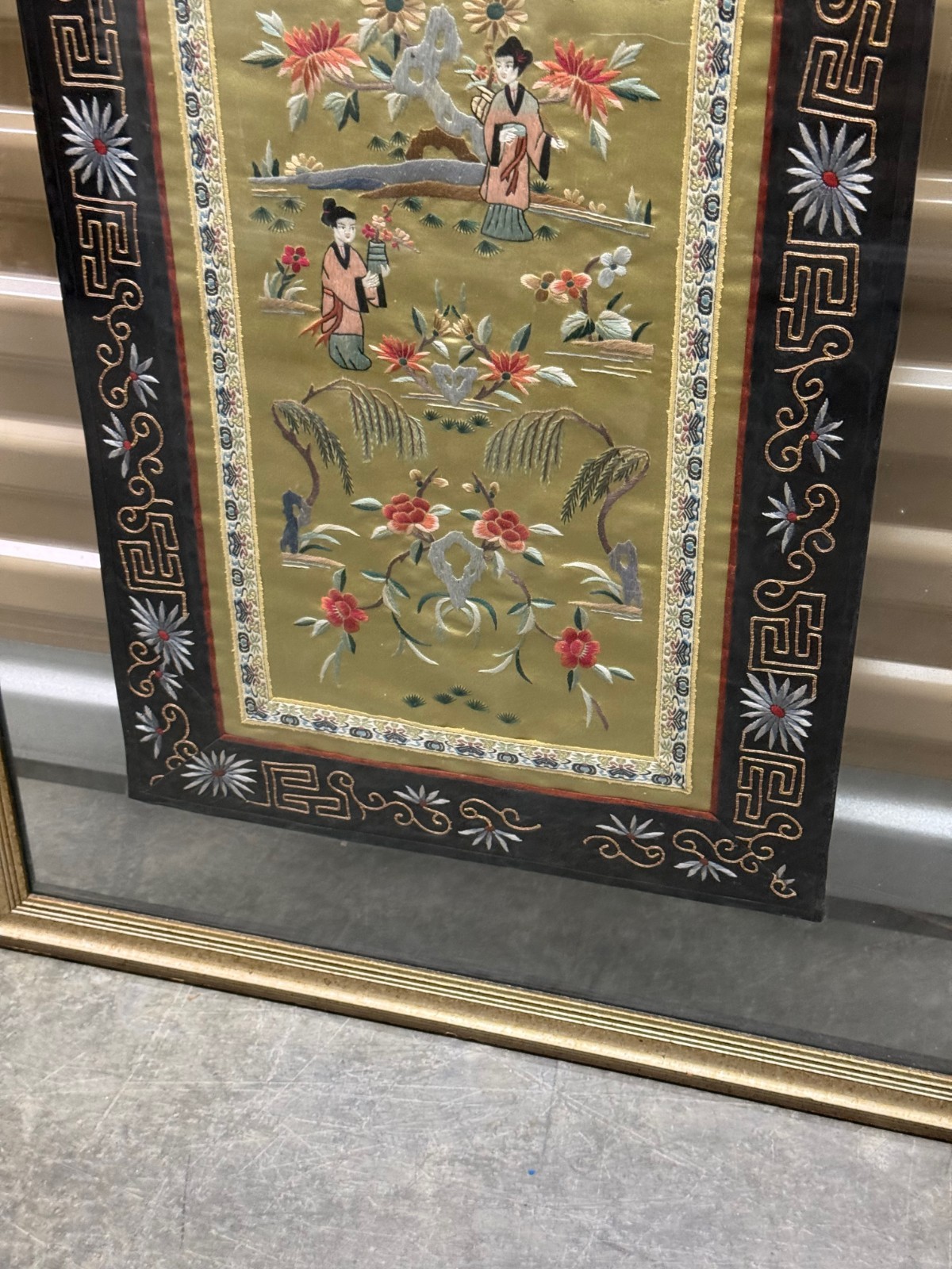 Vintage 1960s Set of 2 Chinese Silk Hand Embroidered Tapestry in Frame-Dun Huang