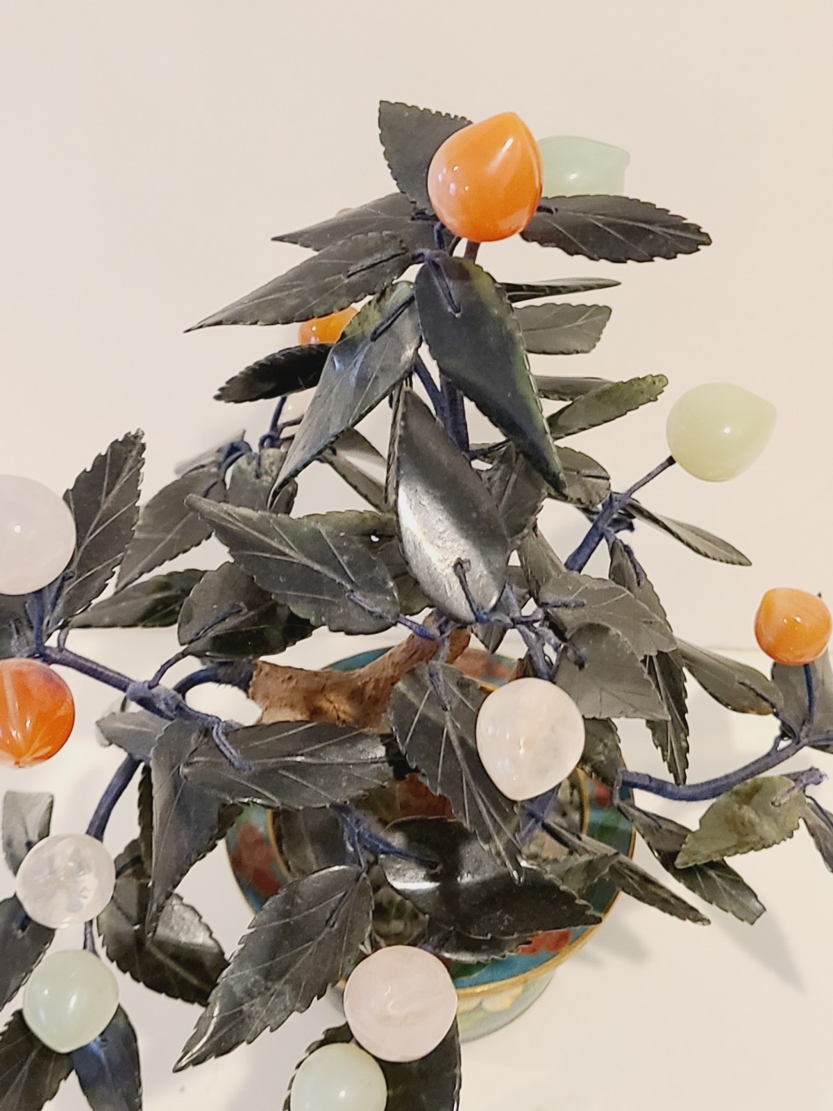Jade Stone Bonsai Tree Cloisonne Pot Jade Quartz Peaches Cherries