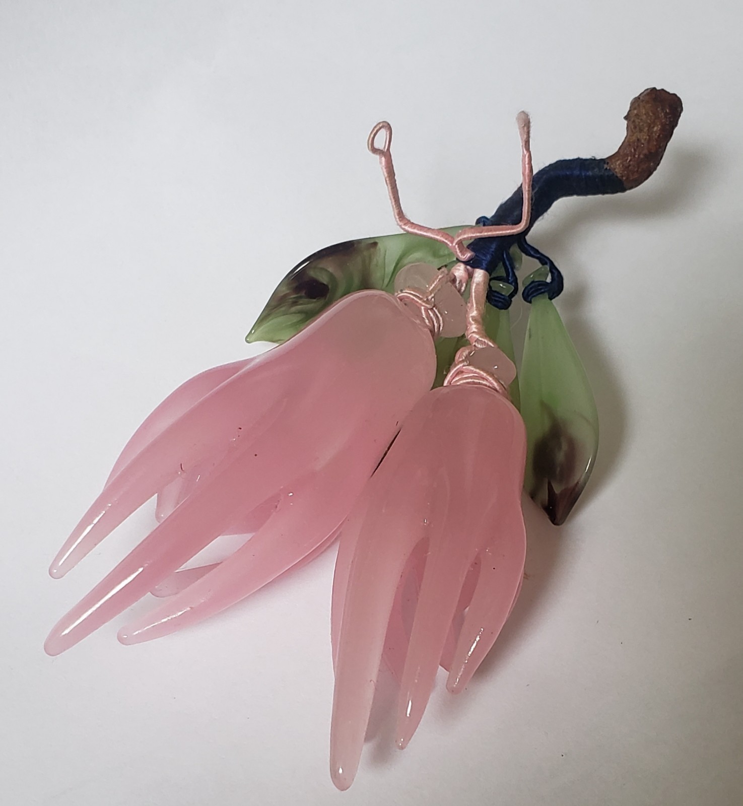 Vintage Chinese Pink Glass Wired Flowers green leaves