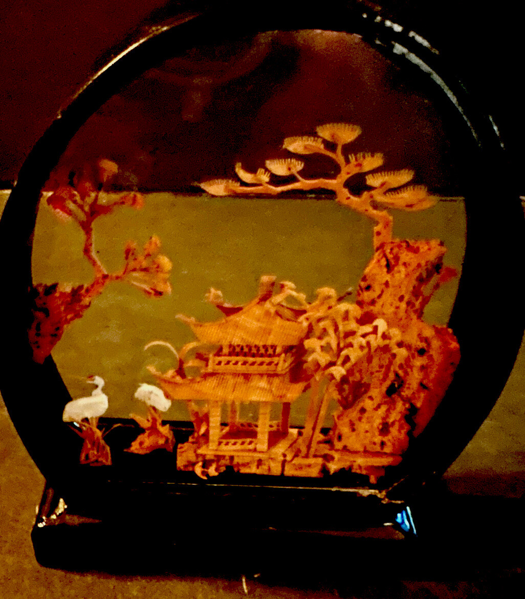 Vintage Chinese Cork Sculpture Picture Garden Wooden Base Encased Dome Glass