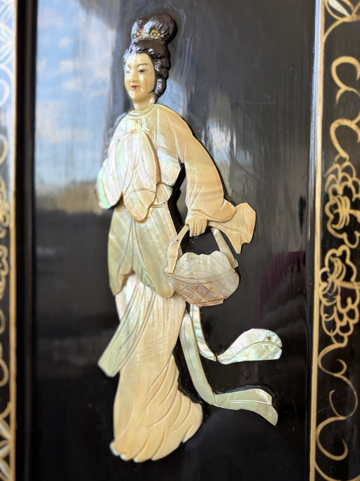 2 Vintage Asian Mother Of Pearl Inlay Black Lacquer Wooden Wall Panels