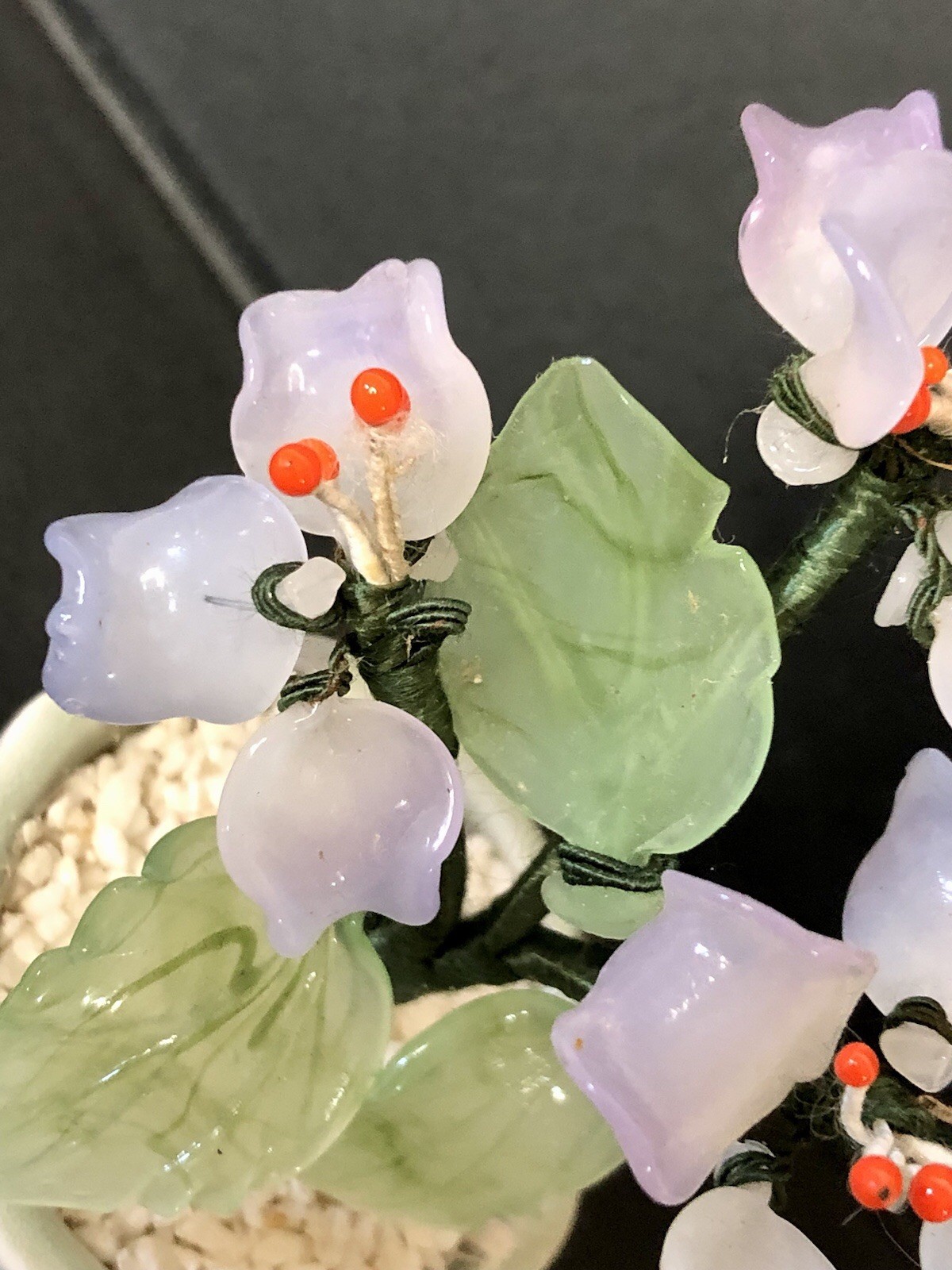Vtg Mini Jade Glass Lavender Flower Tree Bonsai Green Celadon Planter Ornate 3”