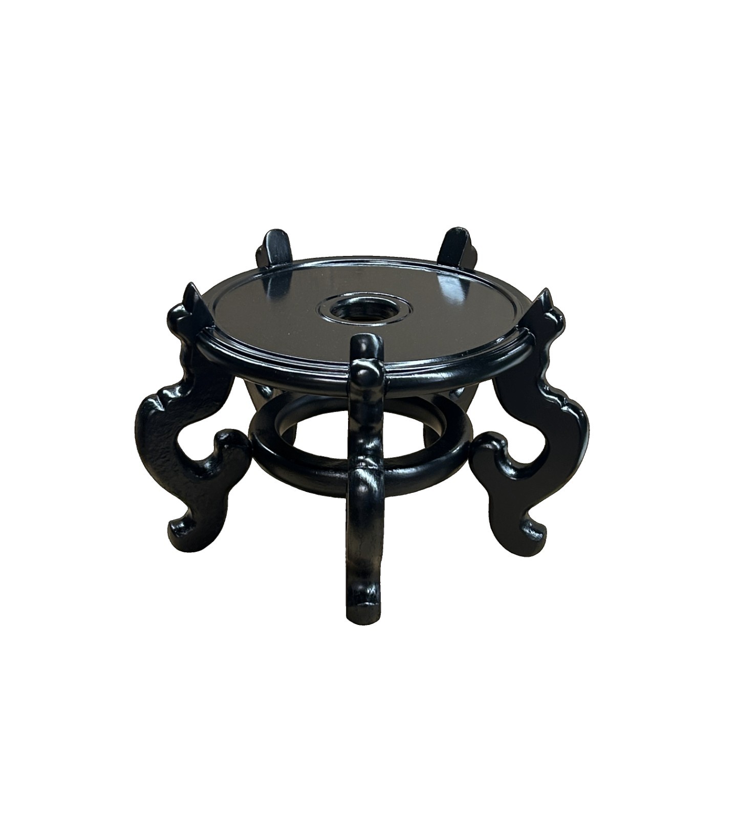 Black Lacquer 5 Curved Legs Round 10.5″ Wood Plant Vase Display Stand GB618