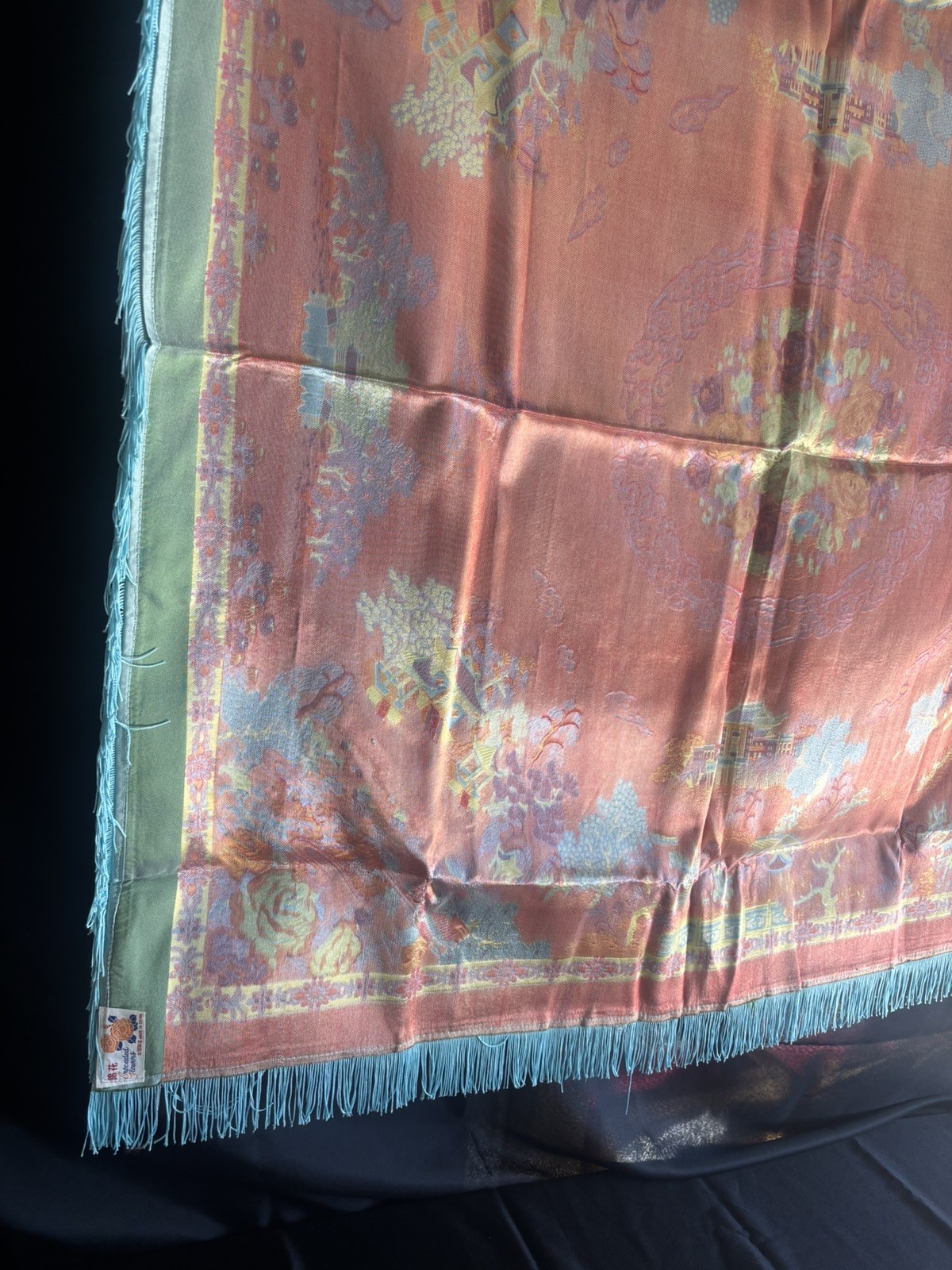 Vintage Silk Brocaded Flowers China Tapestry Table Cloth Box Bright Blue Fringe