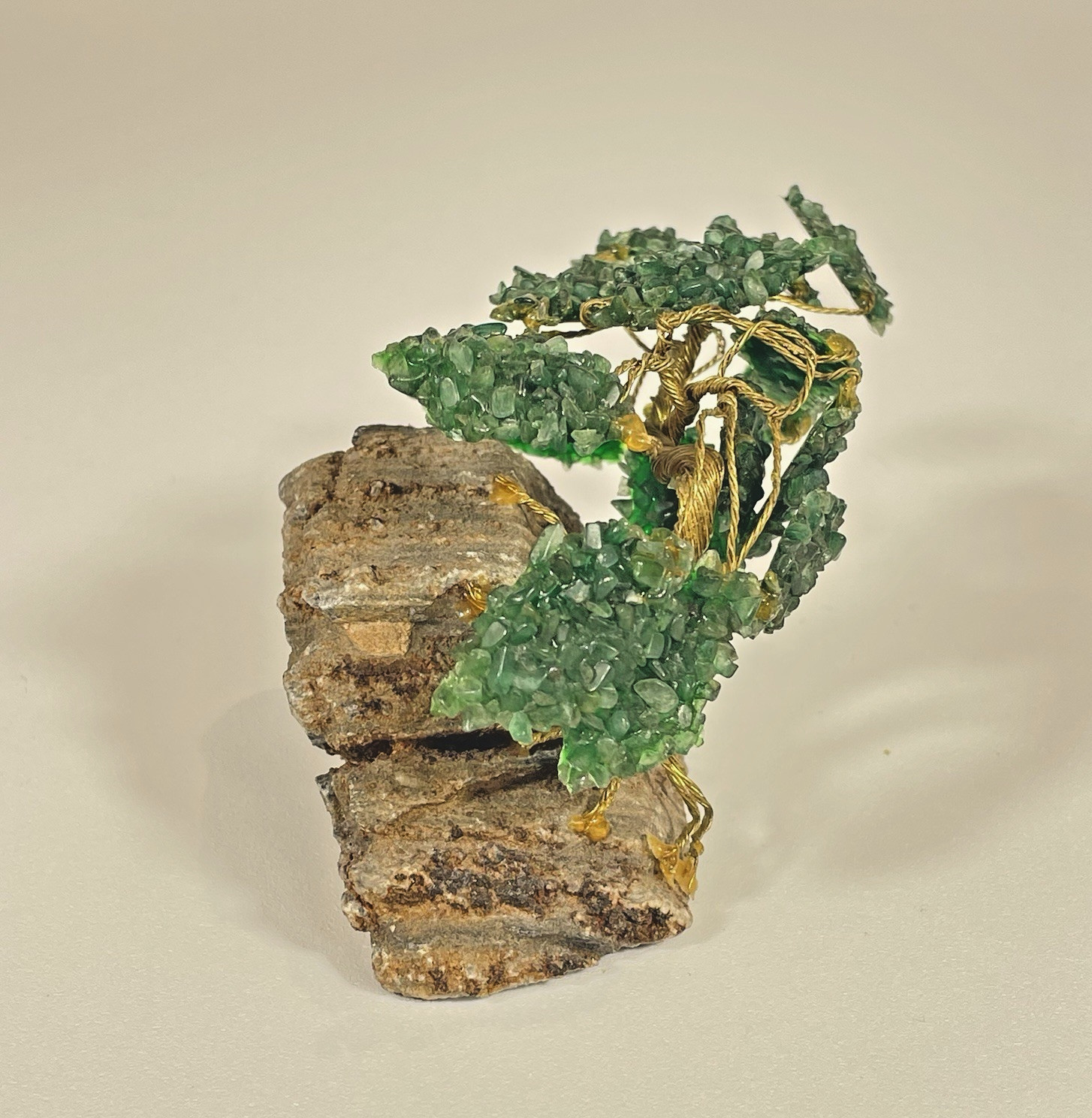 Vintage Green Crystal Bonsai Tree Sculpture Copper Wire on Natural Stone Base