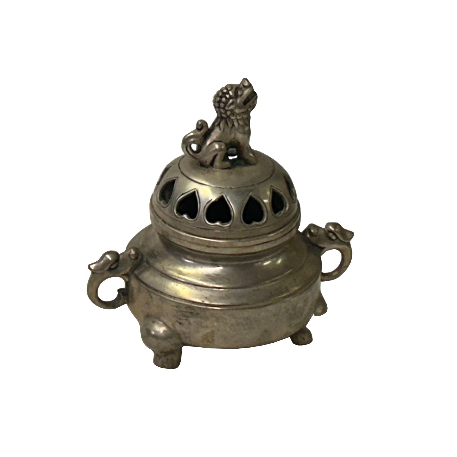 Vintage Silver Pewter Color Metal Foo Dog Ding Shape Incense Holder ws4897