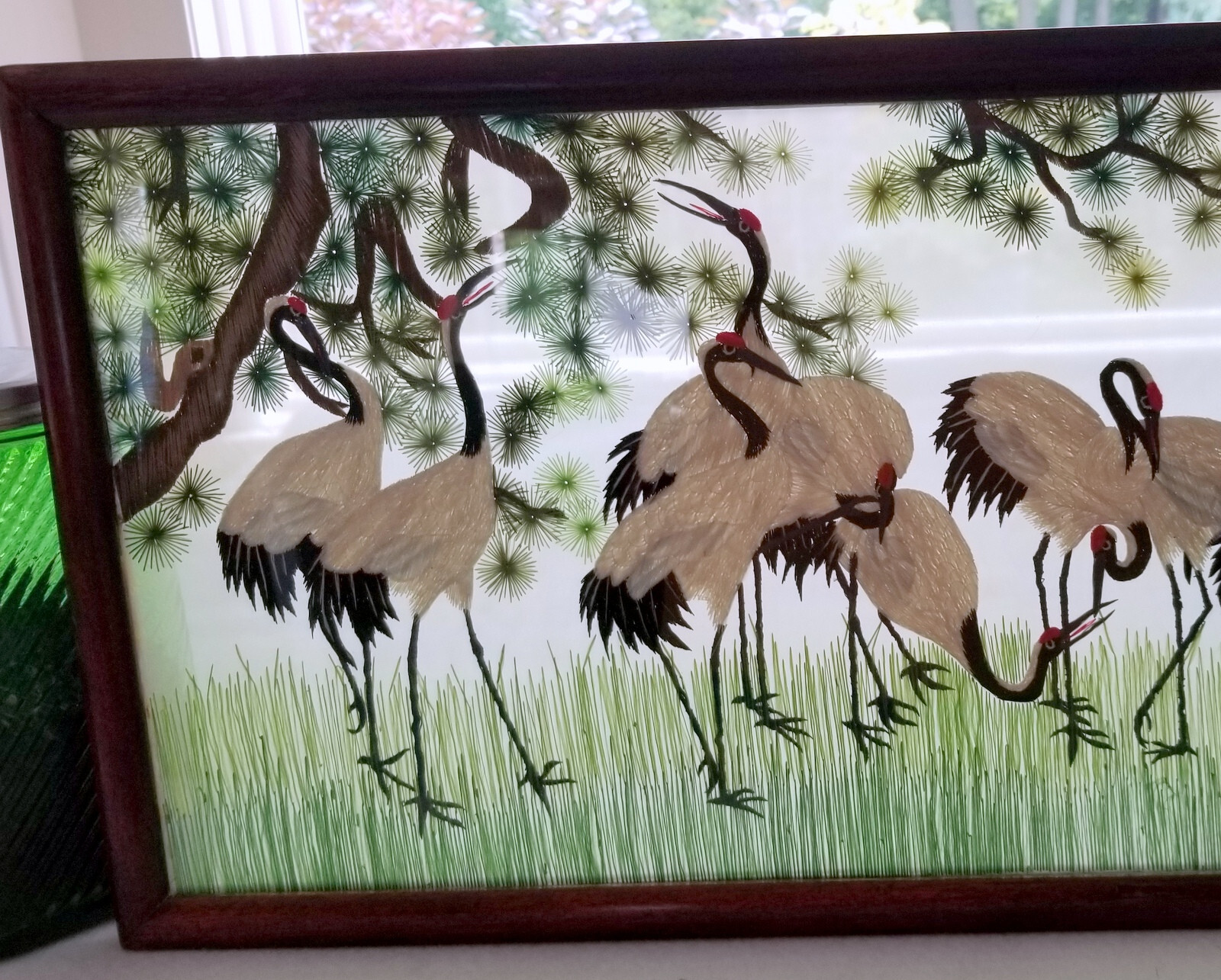 Vintage Chinese Su Silk Embroidery Double Sided Frmd 20.5″ Red Crowned Cranes