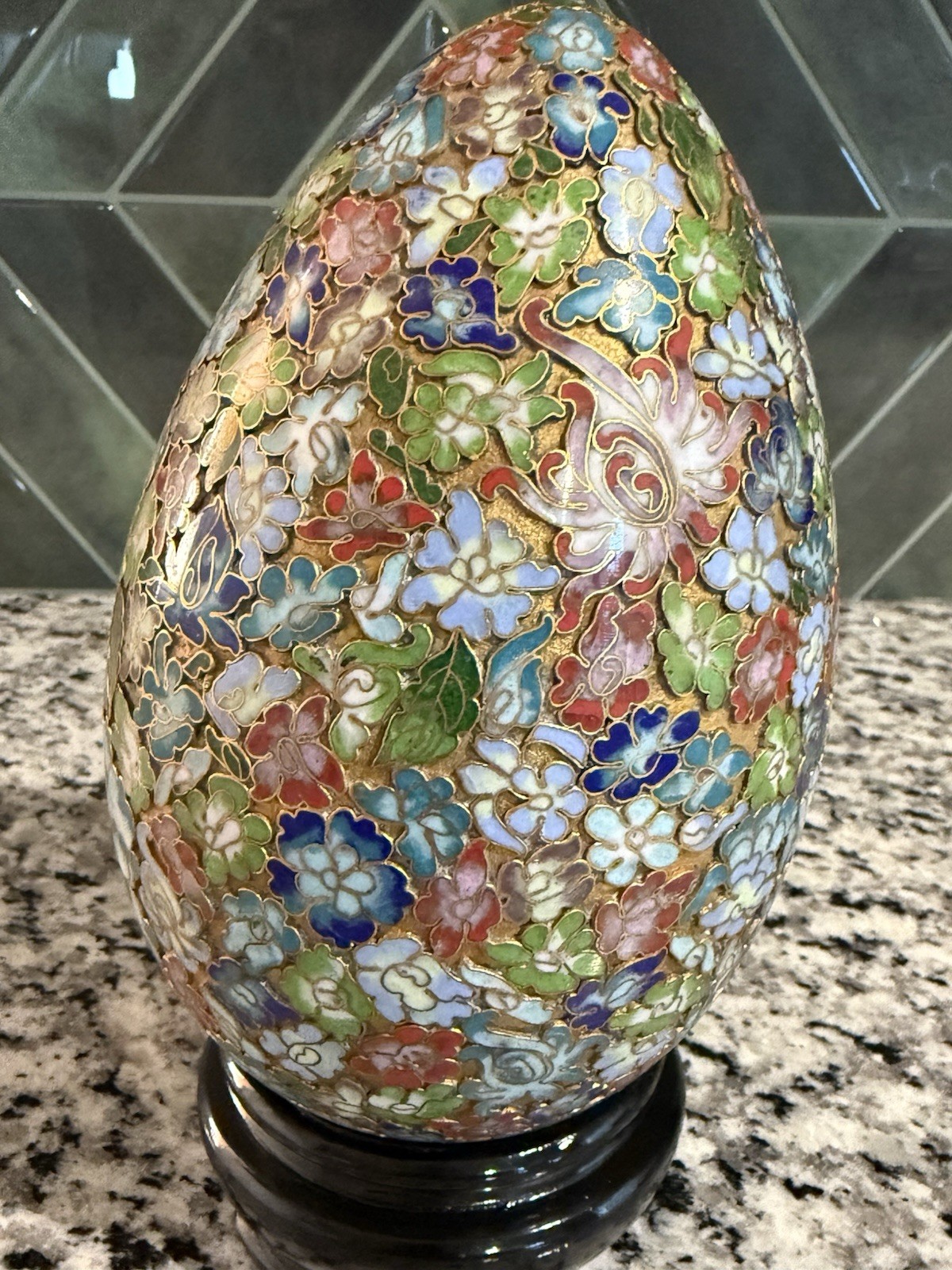 Vintage Chinese Cloisonné Large Gilded Egg w/ Wood Stand Floral, Millefleurs