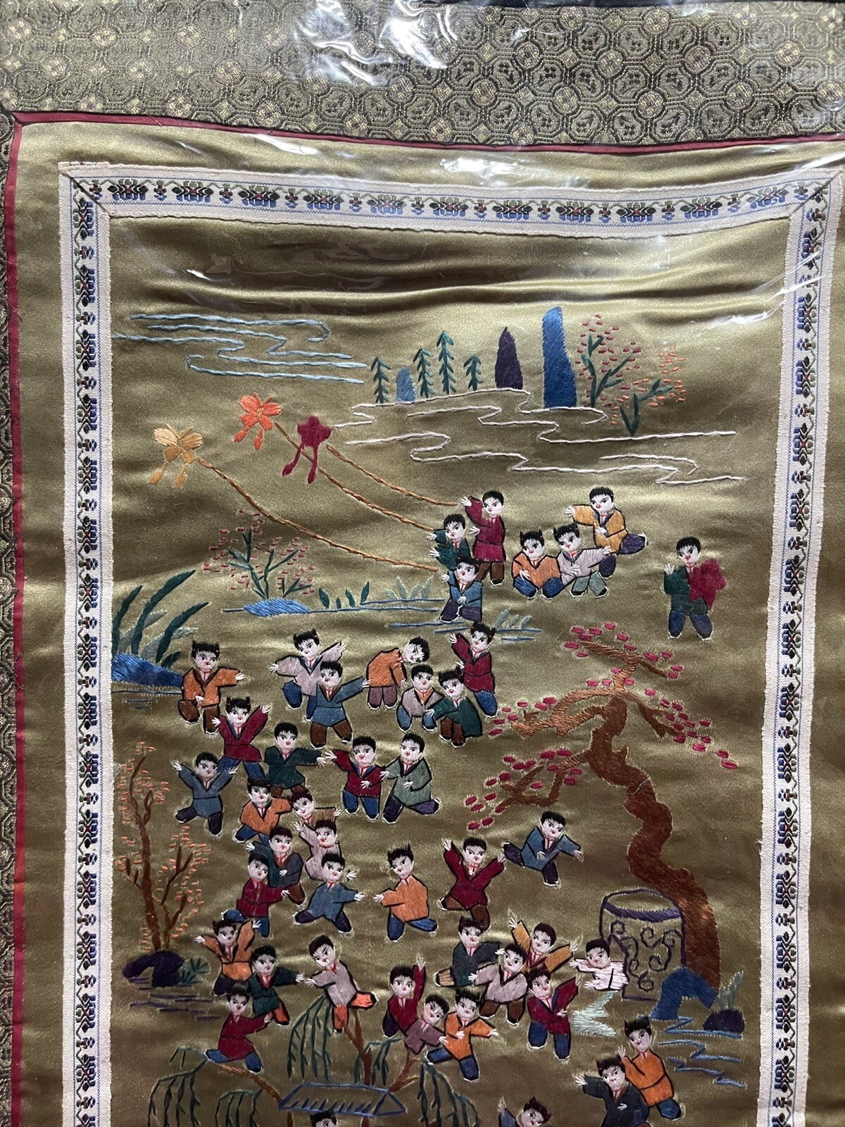 Chinese Silk Needlepoint Textile Tapestry Panel 100 One Hundred Happy Children