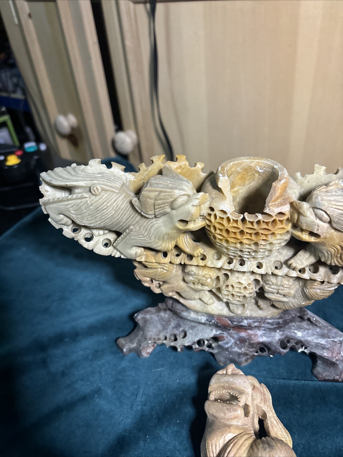 Antique Chinese Hand Carved Soapstone Incense Burner Foo Dogs/Lions Vintage (bf)