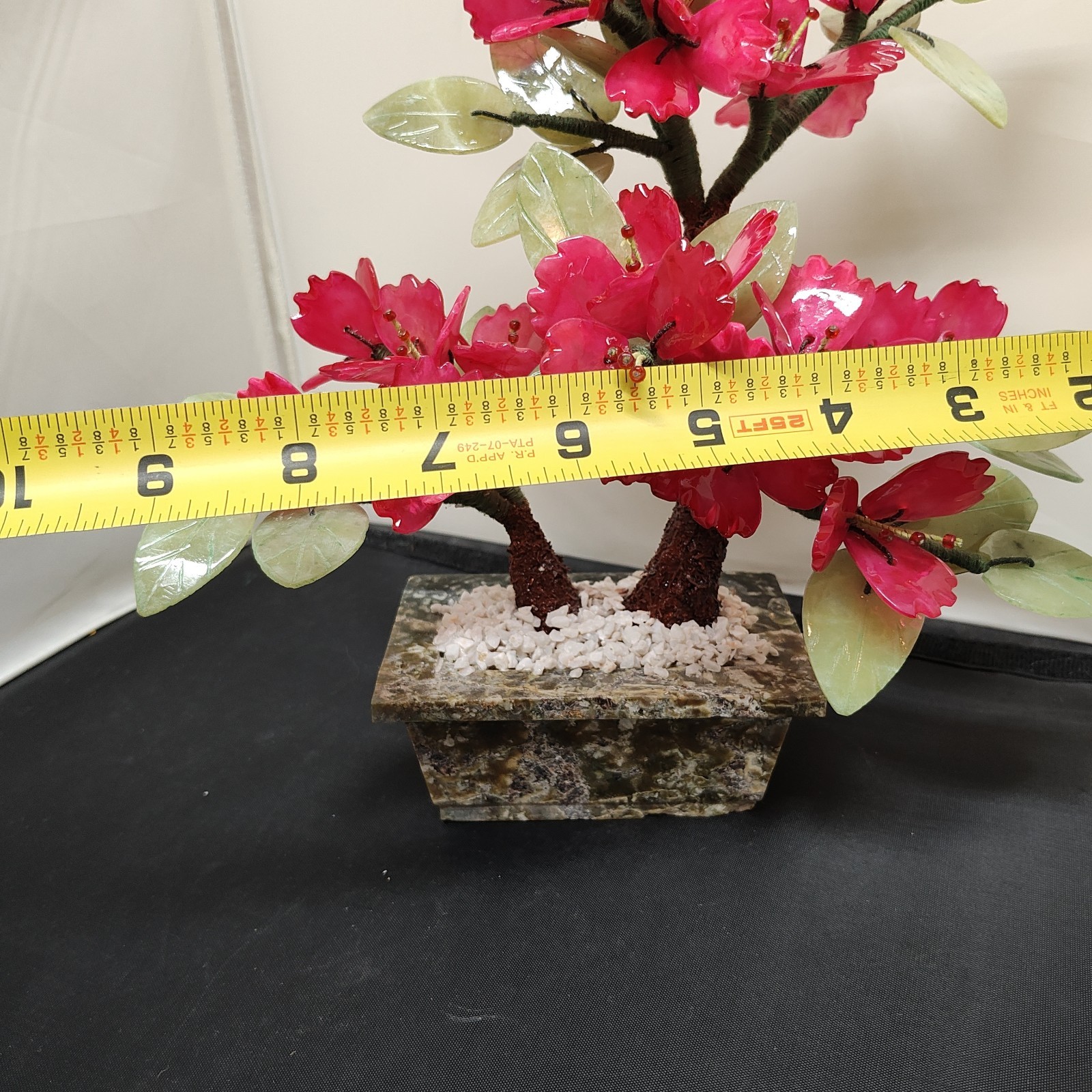 Vtg Bonsai Tree Glass Cherry Blossom Pink Flowers Jade Leaves Marble Pot 11 Inch