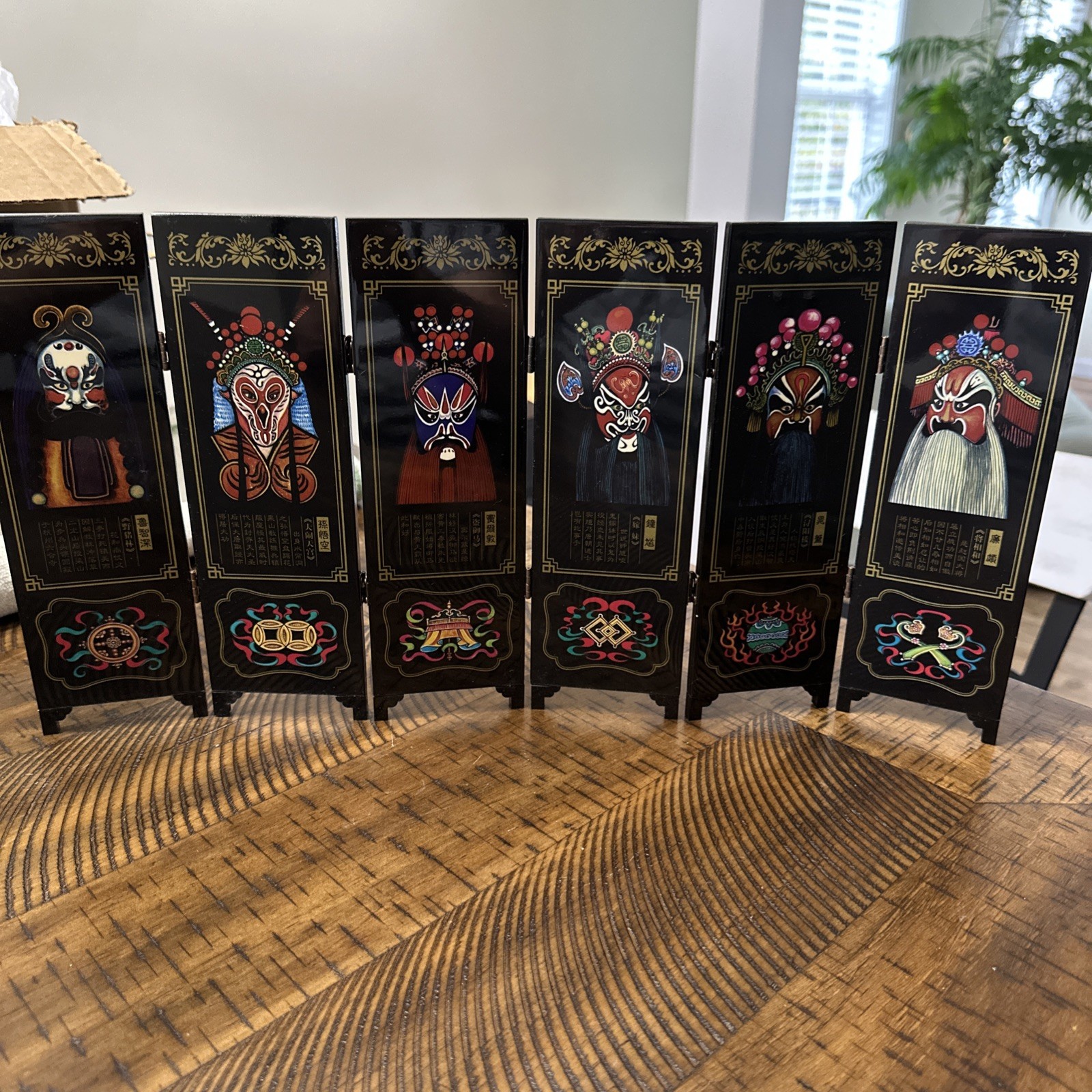 Peking Opera Masks Mini 6-Panel Wood Folding Screen Black Lacquer, Chinese Opera