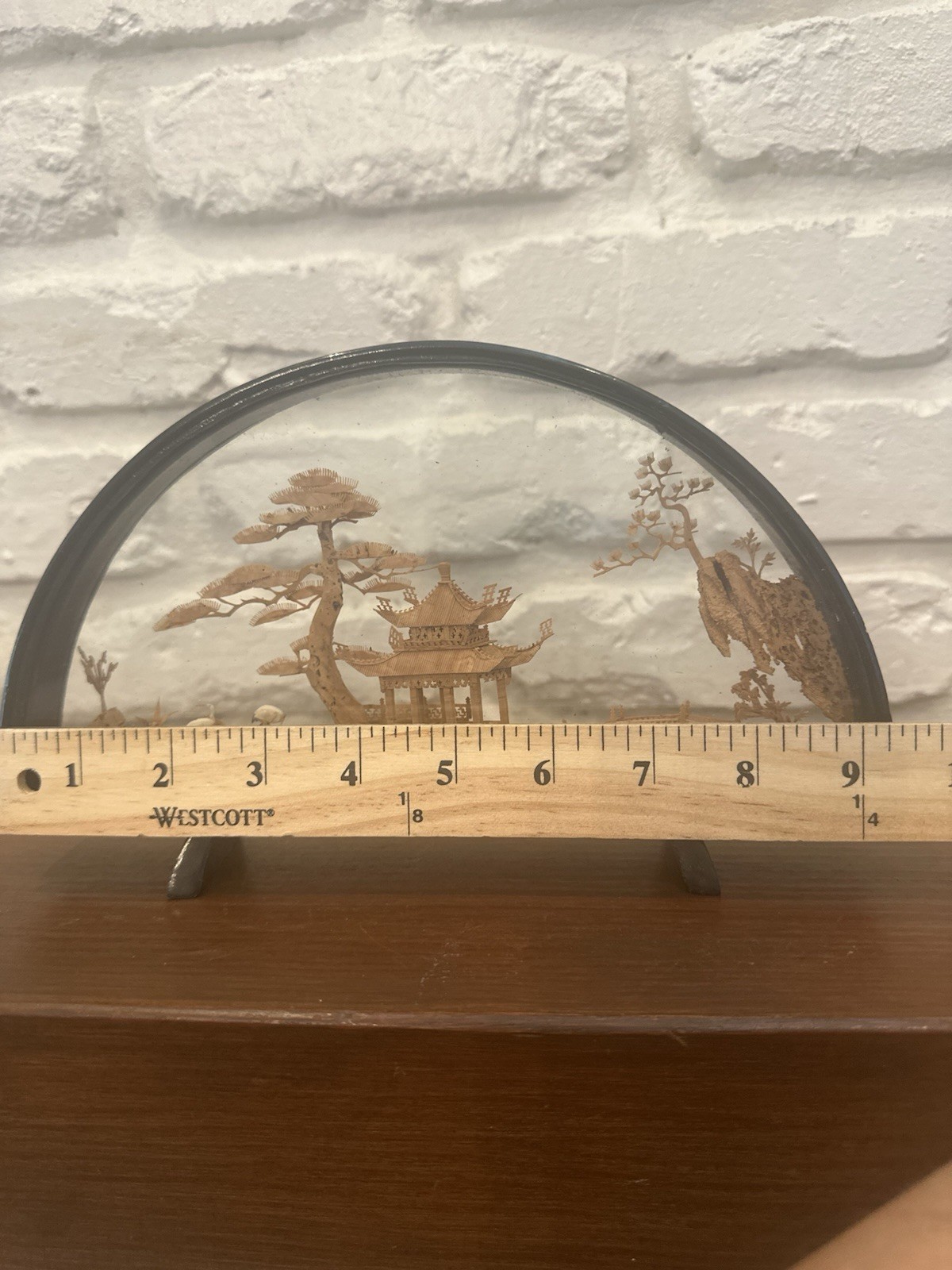 VINTAGE CHINESE SAN YOU DIORAMA CORK CARVING GLASS CASE PAGODA TREES & CRANES.