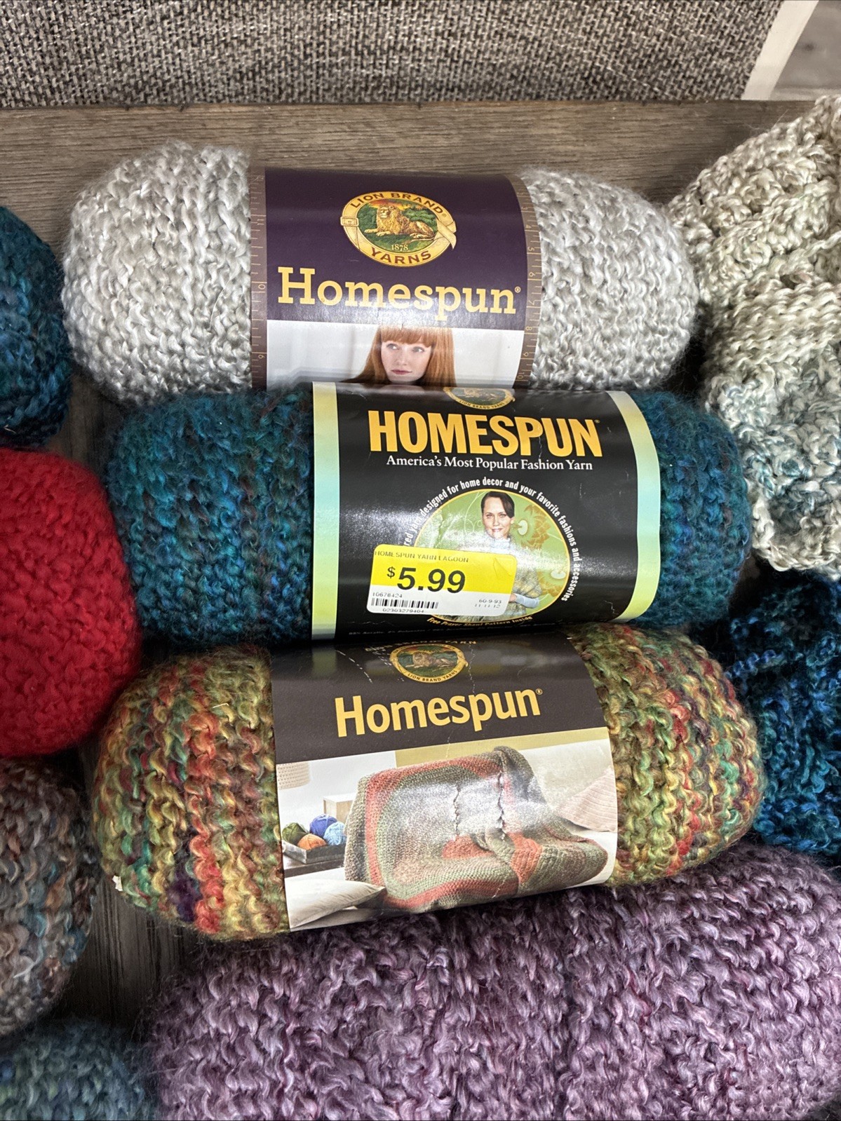 Lot of 13 + Lion Brand Homespun Yarn. Mixed Colors. See Photos. 6 Oz, 185 Yd Ea